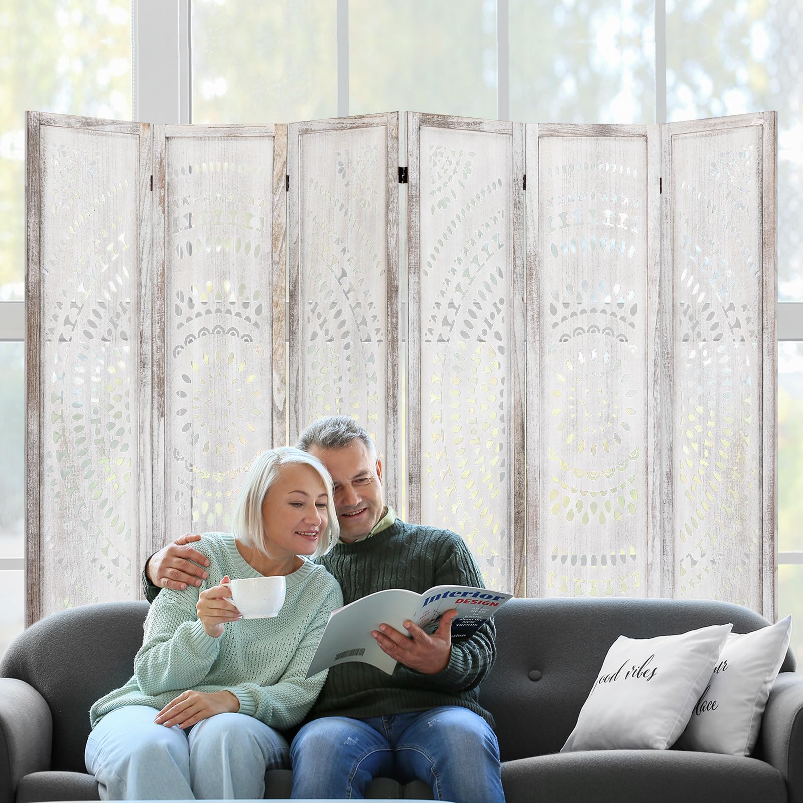 6 Panel White Wood Folding Room Divider Screen - 66.9 Inch Privacy Partition for Living Room, Bedroom & Office - No Assembly Needed - Perfect for Space Separation, Home Decor & Event Setup