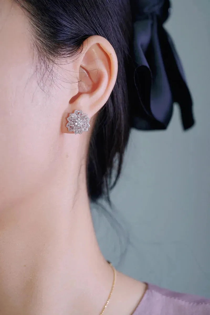 18K White Gold Diamond Stud Earrings for Women - 0.90ct Natural Real Diamonds, Romantic Flower Design Wedding Jewelry | Perfect for Bridal, Anniversary Gifts & Special Occasions