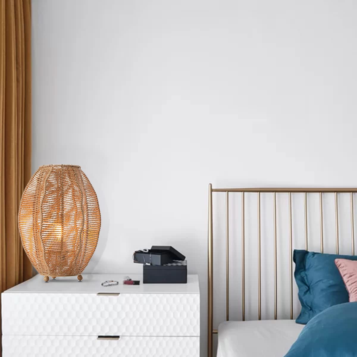 Rattan Woven Side Table Lamp - Boho Coastal Farmhouse Nightstand & Desk Lamp for Bedroom, Living Room, Kids Room, Cafe & Beach House Decor | Perfect for Bedside Lighting, Reading Nook & Coastal Home Accents
