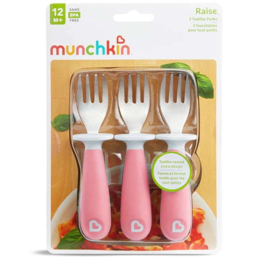 Munchkin Raise Toddler Fork Set - 3 Pack Stainless Steel & Plastic Forks for Kids | Adorable Pink Utensils for Toddlers | Perfect for Home, Daycare & Travel Meals
