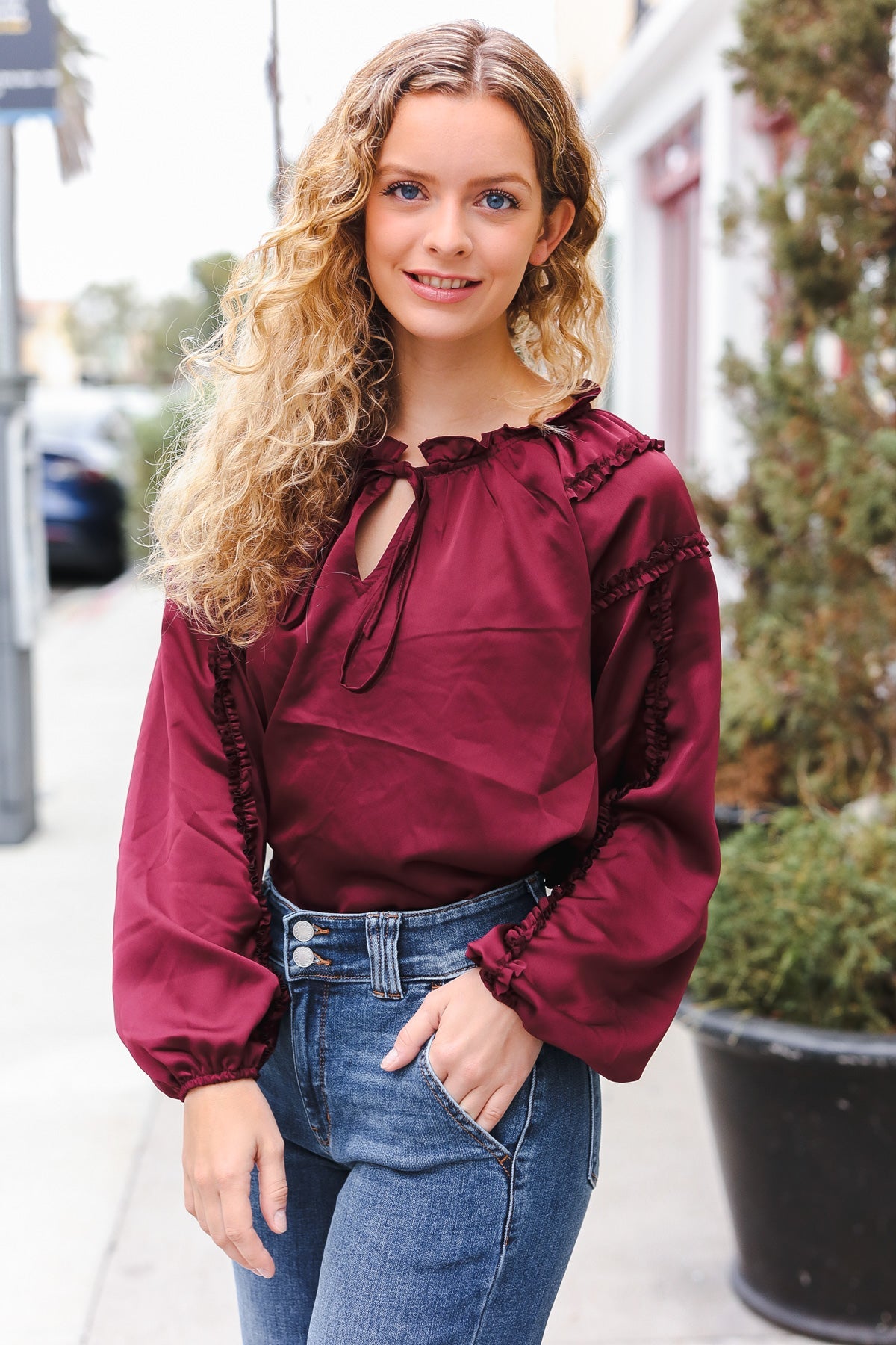 Elegant Burgundy Satin Blouse with Frill Detail & Tie Neck - Perfect for Holiday Parties & Special Occasions