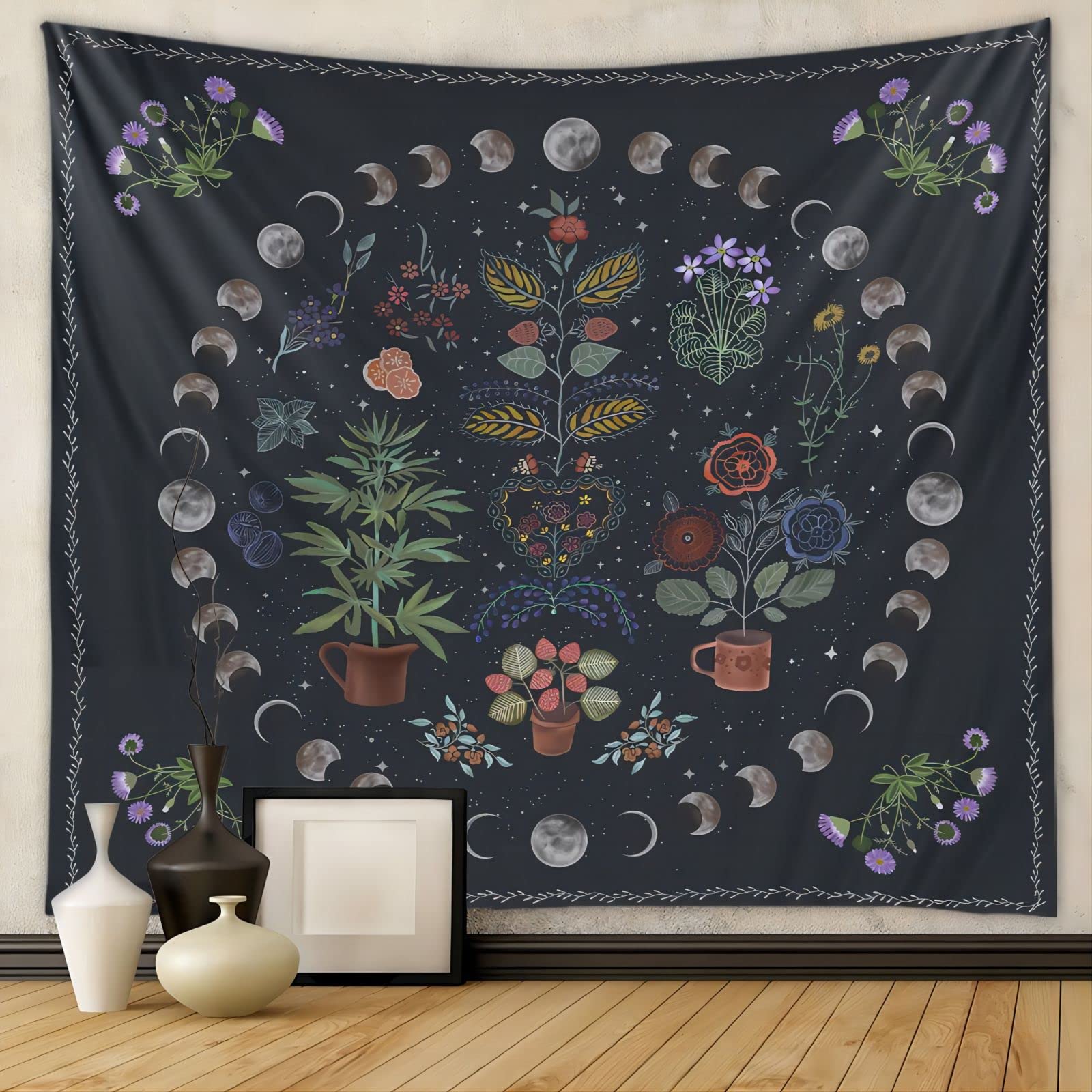 LINICE Moon Phase Plant Tapestry Wall Hanging - Bohemian Mandala Botanical Decor for Bedroom, Home & Dorm | Nature-Inspired Aesthetic Room Decor for Meditation Spaces & Boho Chic Interiors