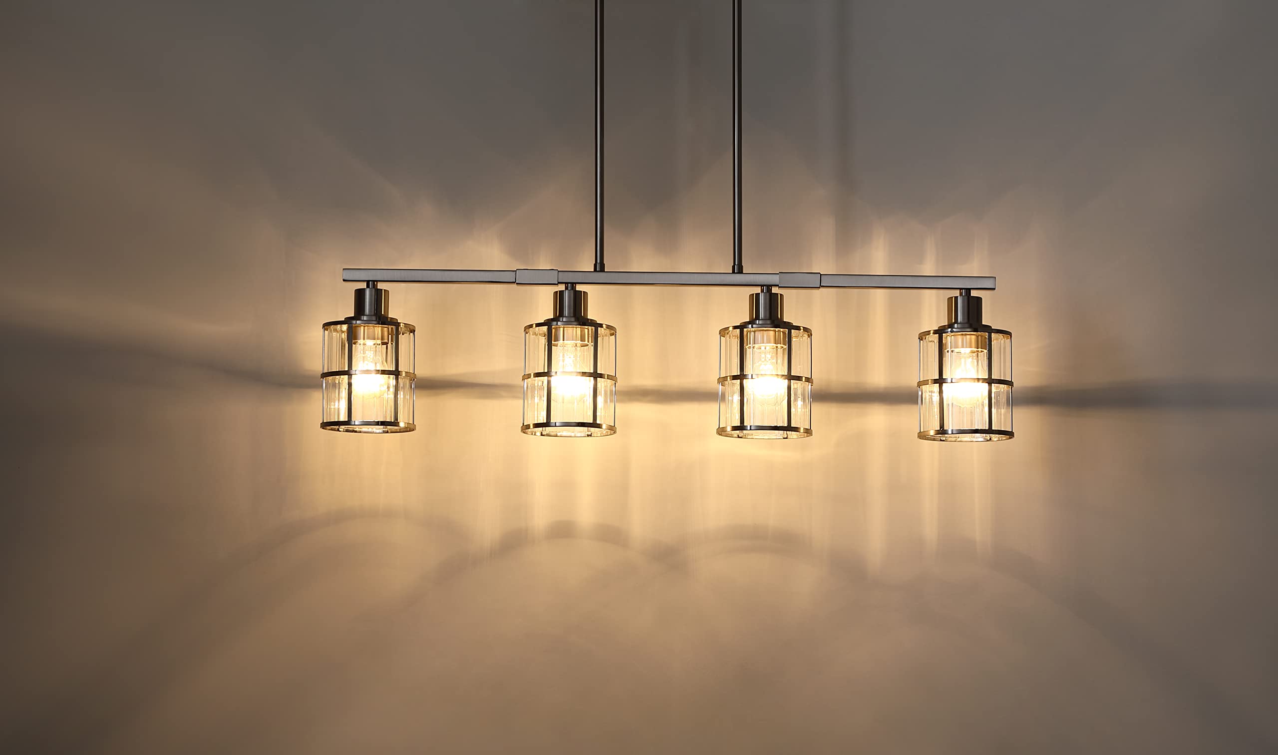 Modern 4-Light Brushed Nickel Pendant Chandelier - Clear Glass Shade for Kitchen Island, Dining Room, Bar & Café Ceiling Lighting Fixture | Perfect for Home Decor & Commercial Spaces