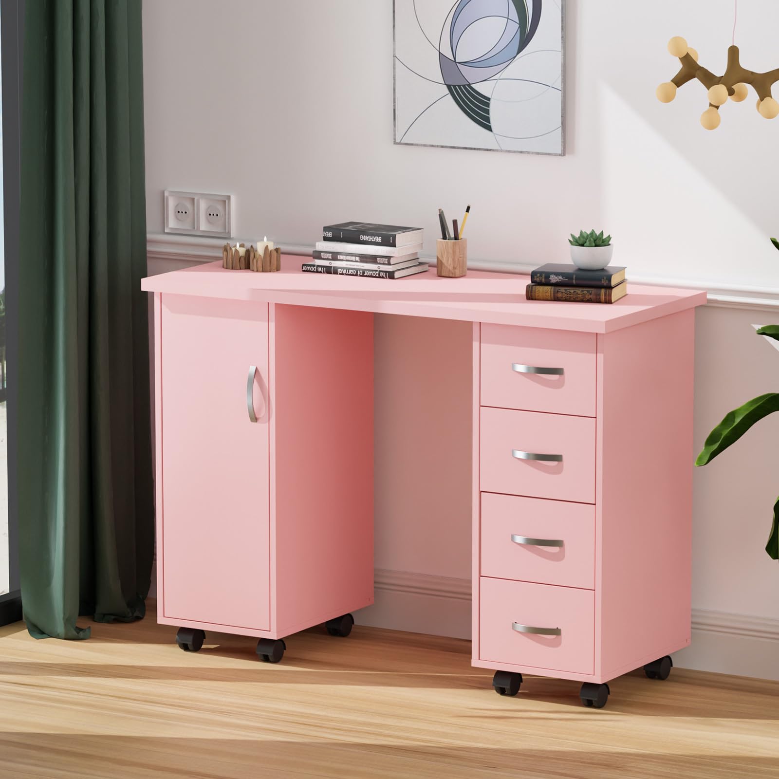Professional Wooden Manicure Table with Storage Cabinet, 4 Drawers & Wheels - Adjustable Arm Rest Nail Technician Workstation for Salon & Home Use - 43.3