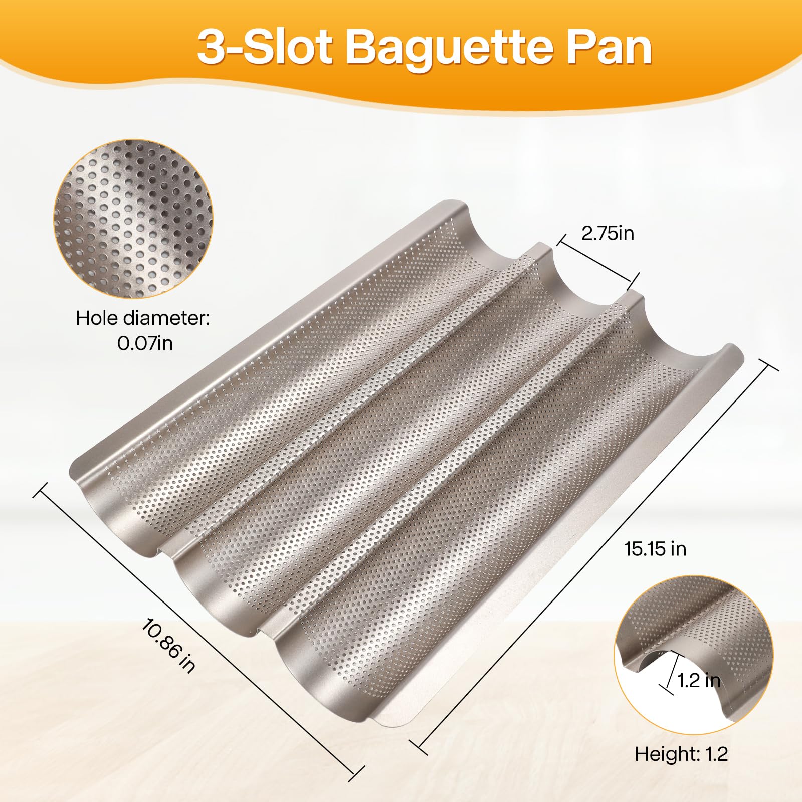 Nonstick Perforated Baguette Bread Pan - 3 Loaf French Bread Baking Tray with Proofing Cloth & Dough Cutter Kit - 15x11 Inch Gold for Home Bakers | Perfect for Artisan Bread, Homemade French Baguettes & Professional Baking