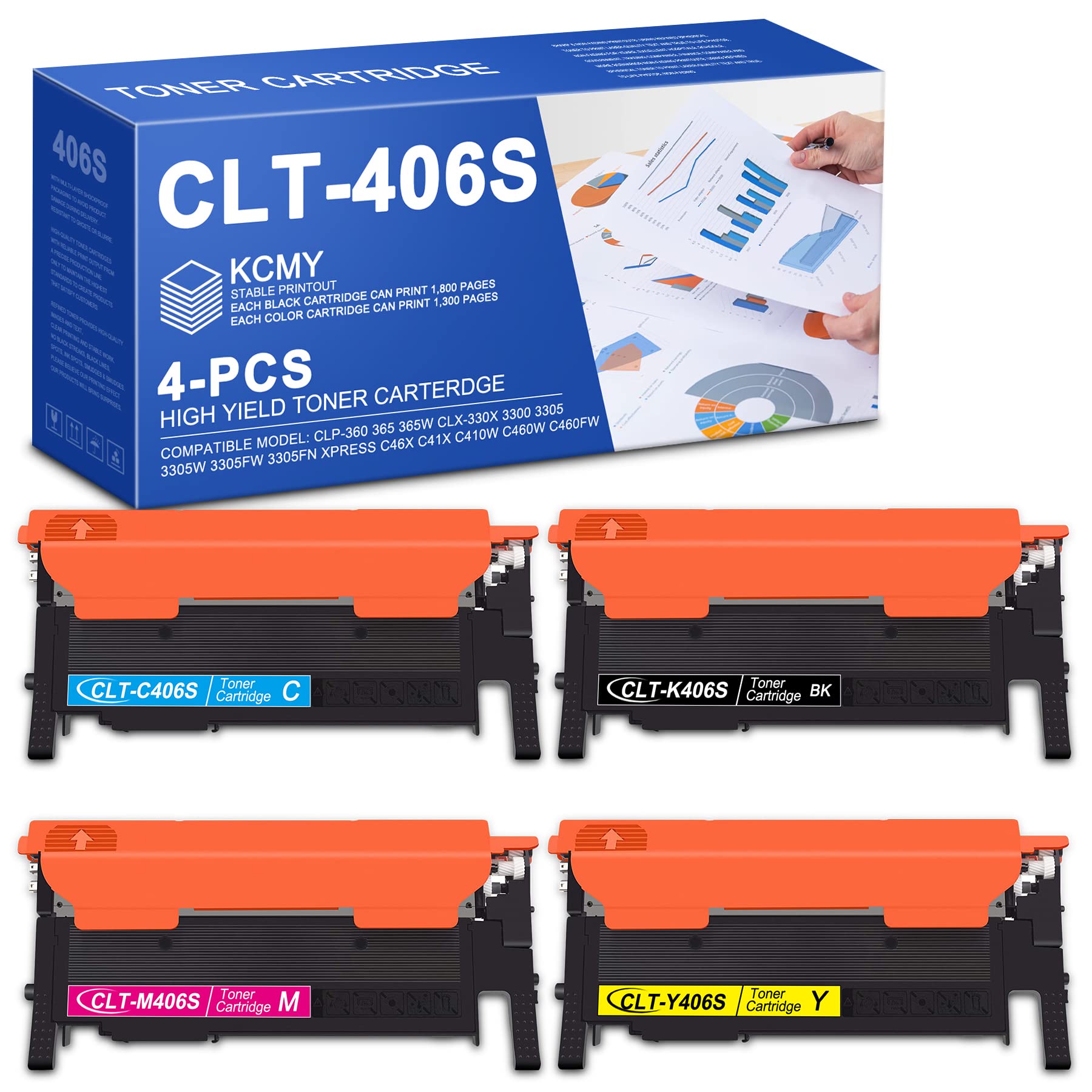 4 Pack (1BK+1C+1M+1Y) Compatible CLT-406S Toner Cartridge Replacement for Samsung CLP-360 CLX-3300 3305W Xpress C41x C412W/C413W Printers - High Yield Printing for Office & Home Use - Sold by TECHNETIUMINK