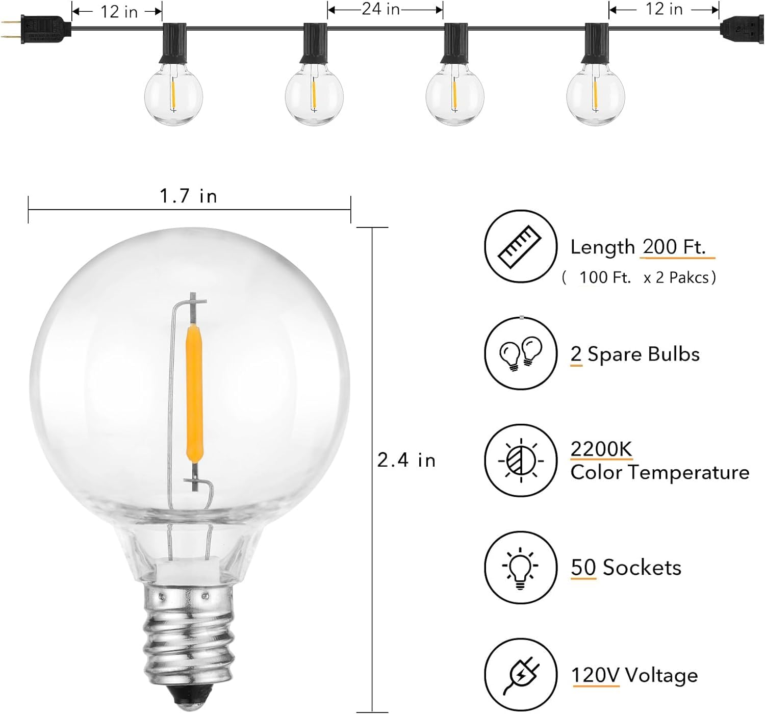 Brightown Outdoor String Lights - 2 Pack 100 Ft Commercial Grade Waterproof Connectable Patio Lights with 50 G40 Shatterproof Bulbs for Backyard, Bistro, Porch, Cafe | Perfect for Weddings, Parties & Outdoor Decor