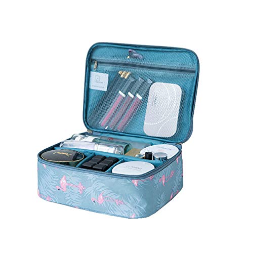 Large Travel Makeup Bag for Women - Waterproof Cosmetic Organizer Case with Flamingo Print (Blue) | Perfect for Vacation, Gym & Daily Use