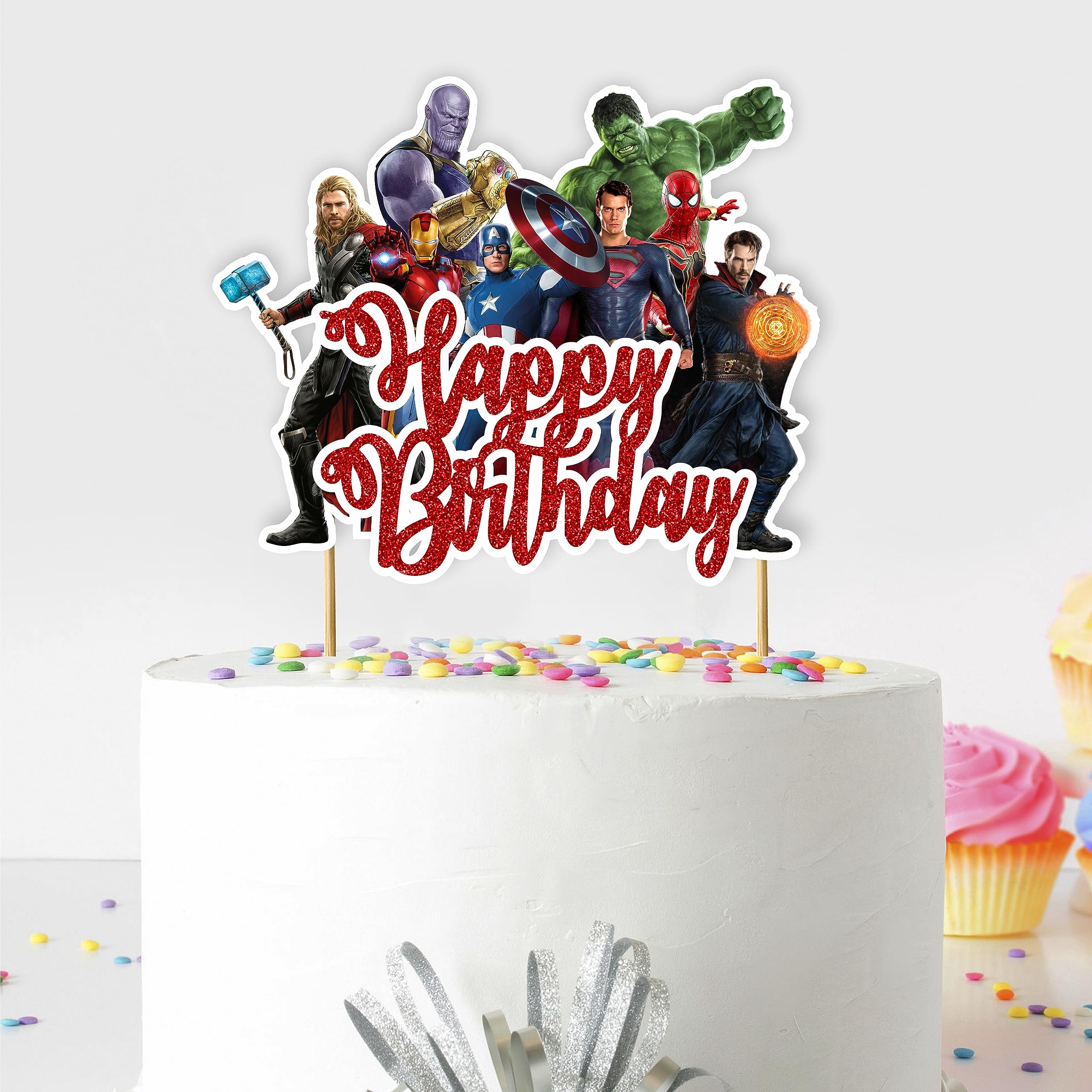 Superhero Happy Birthday Cake Topper - Premium Birthday Party Decorations for Superhero Theme Cakes, Cupcakes & Desserts - Perfect for Kids' Birthday Parties, Superhero Celebrations & Special Events
