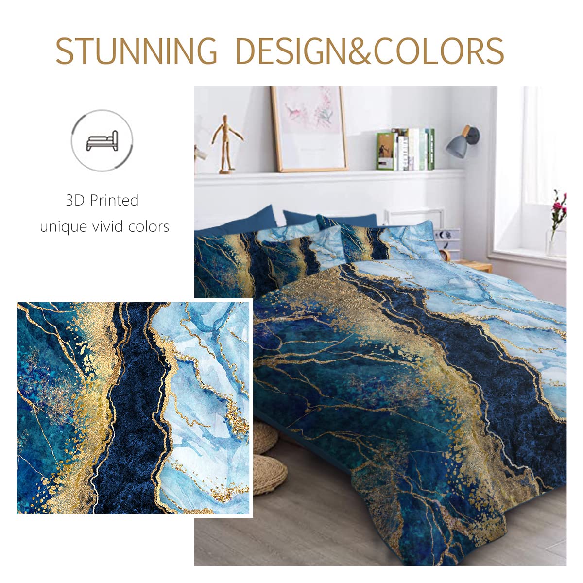 BlessLiving Luxury Queen Size Comforter Set - Navy Blue Gold Glitter 8-Piece Bedding Set with Ultra Soft Abstract Design, All-Season Durable Marble Print Bed in a Bag | Perfect for Modern Bedrooms, Guest Rooms & Dorm Decor