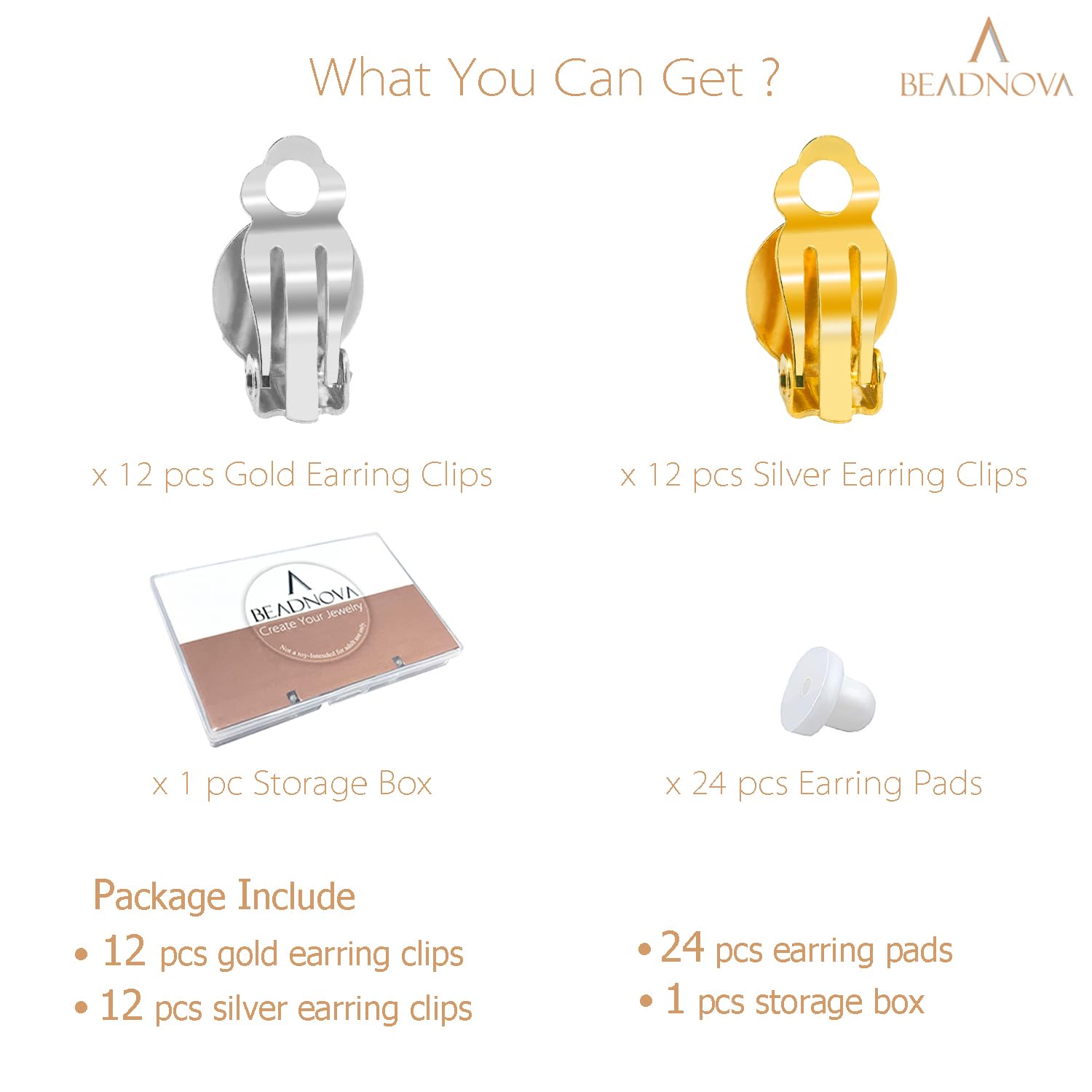BEADNOVA 24-Piece Clip-On Earring Findings - Flat Tray Earring Clips, Round Non-Piercing Earring Clasps with Pads for Jewelry Making (Gold & Silver) - DIY Craft, Costume Jewelry, Gift for Women