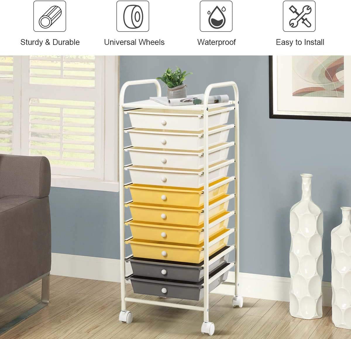 ARLIME 10-Drawer Rolling Storage Cart - Mobile Organizer for Office, School & Craft Supplies - Beige, Yellow & Grey - Perfect for Paper, Stationery & Scrapbook Organization - Ideal Workspace & Classroom Storage Solution