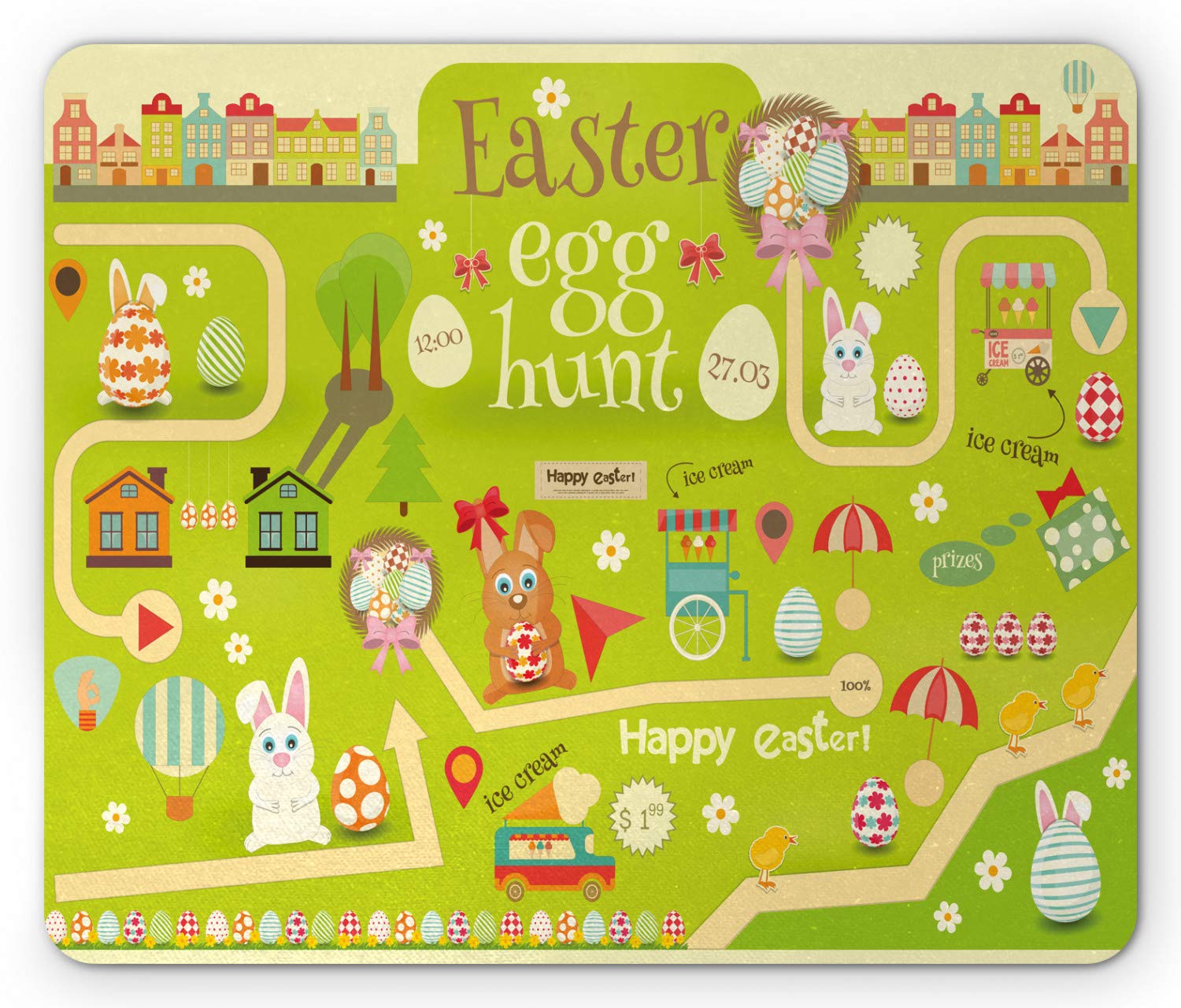 Lunarable Easter Mouse Pad - Egg Hunt Map with Bunnies in Park Secret Treasure Themed Design, Non-Slip Rubber Mousepad for Office & Gaming, Standard Size Rectangle Mouse Mat in Pistachio & Cream Colors - Perfect for Easter Decorations & Computer Workstations