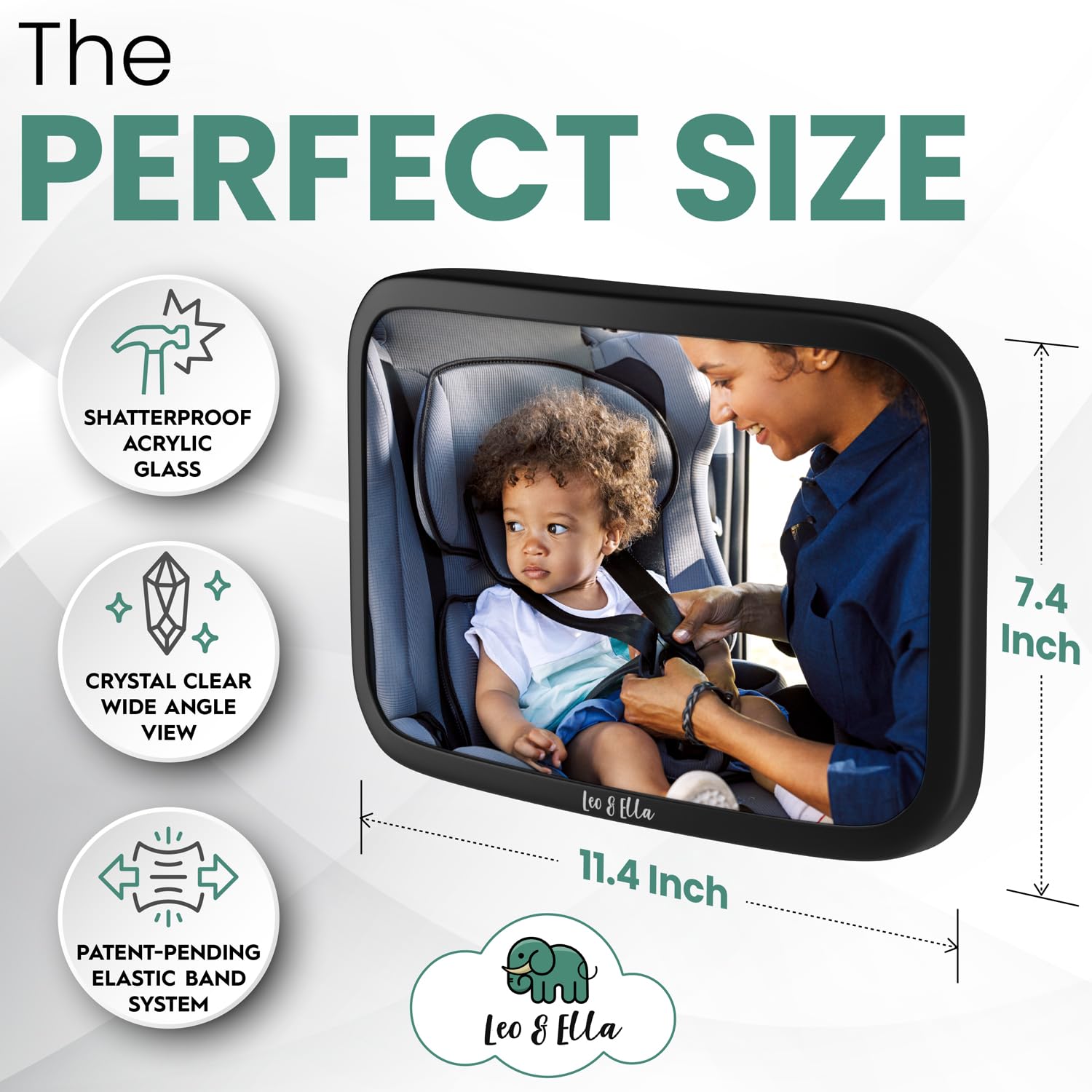 Leo and Ella Tesla Fixed Headrest Baby Car Mirror - Extra Large Shatterproof Rear-Facing Infant Mirror with Adjustable Safety Mount & Elastic Strap for Safe Driving - Perfect for Tesla Model 3/Y/X/S & Family Road Trips