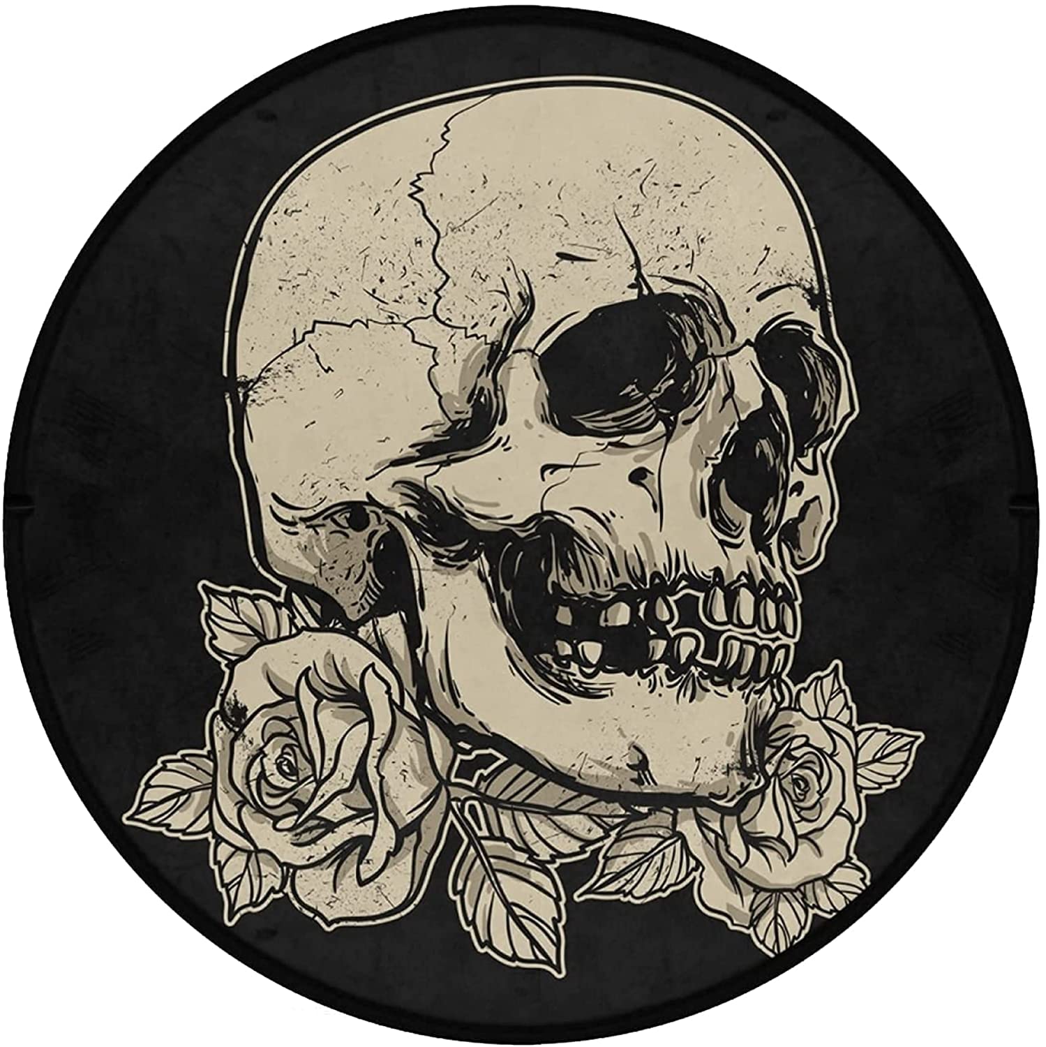 Keepcute 6ft Round Skull Rose Flower Area Rug - Non-Slip Washable Black Round Carpet for Kitchen, Bedroom, Living Room | 6' x 6' Gothic Decor Floor Mat Perfect for Halloween, Dorm Room & Boho Style Home Decor