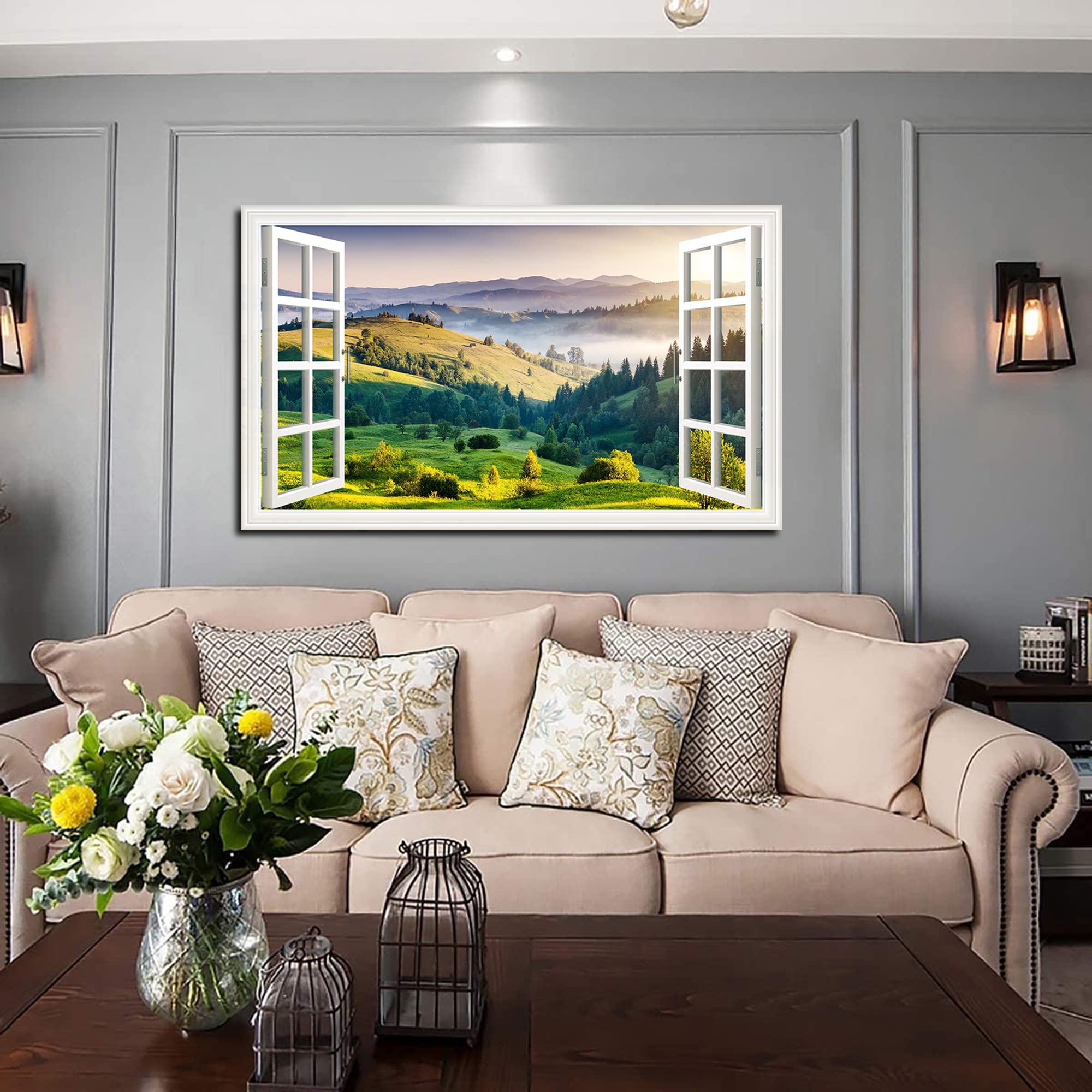 Green Hills Landscape Canvas Art - Fake Open Window Wall Decor with Mountain View Painting for Living Room, Office, Bedroom - Ready to Hang - Perfect for Home & Office Decoration