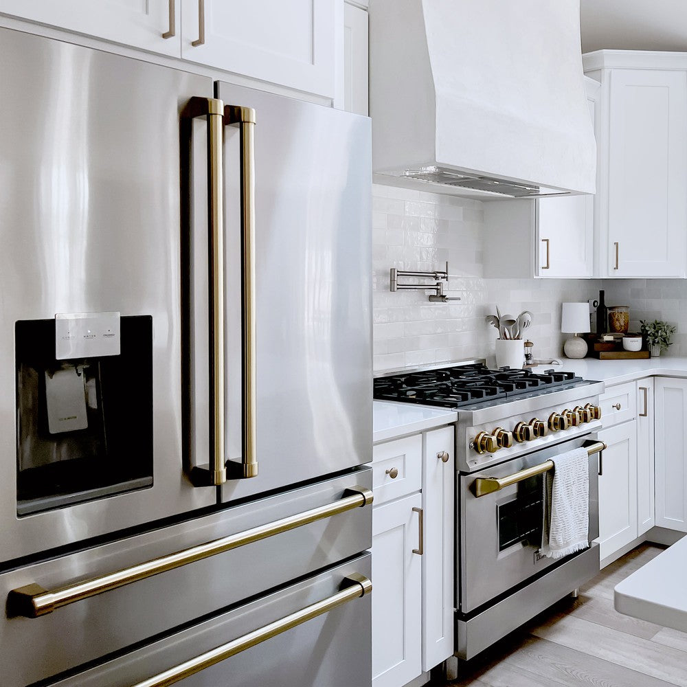 ZLINE Autograph Edition 36-Inch Counter Depth French Door Refrigerator - 21.6 cu.ft Capacity, Fingerprint Resistant Stainless Steel with Champagne Bronze Handles, Built-In Water and Ice Dispenser (RFMZ W 36 CB) - Perfect for Modern Kitchens, Open-Concept Homes, and Gourmet Cooking Spaces