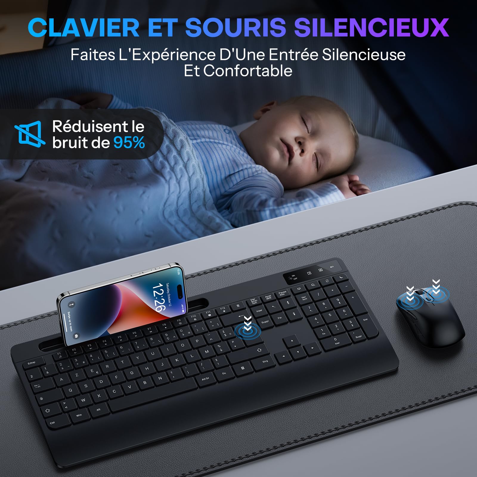 OMOTON Wireless Keyboard & Mouse Set, 2.4G AZERTY, Silent Ergonomic for PC - Home & Office Use