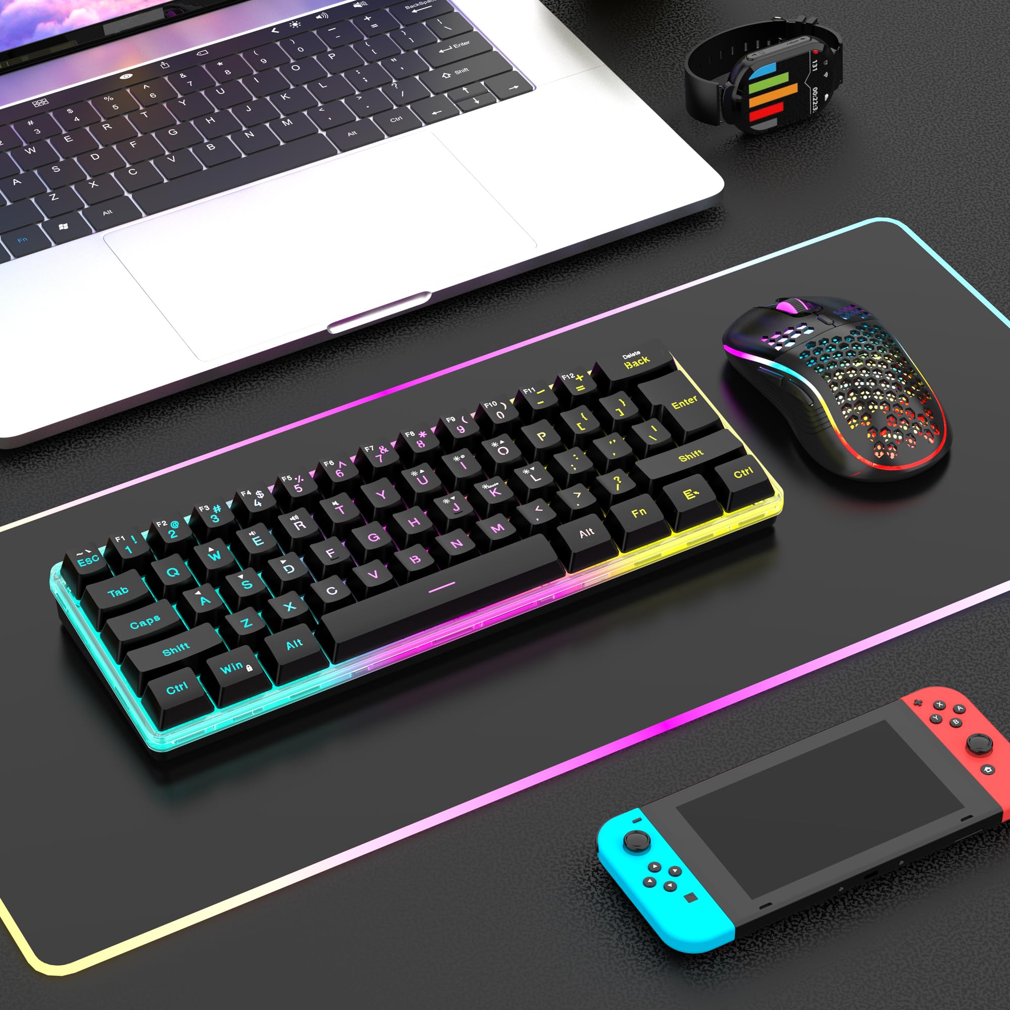 RedThunder 60% Wireless Mechanical Feel Gaming Keyboard & Mouse Combo - RGB Backlit, Rechargeable, Ultra-Compact Design with Ergonomic Honeycomb Optical Mouse for PC Gamers & Office Work | Perfect for Esports, Streaming & Productivity