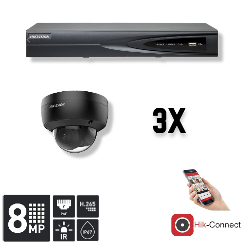 3-Pack 8MP Dome Security Camera Set with DVR Recorder & Cables - Indoor/Outdoor Surveillance for Home, Office & Business Security Monitoring