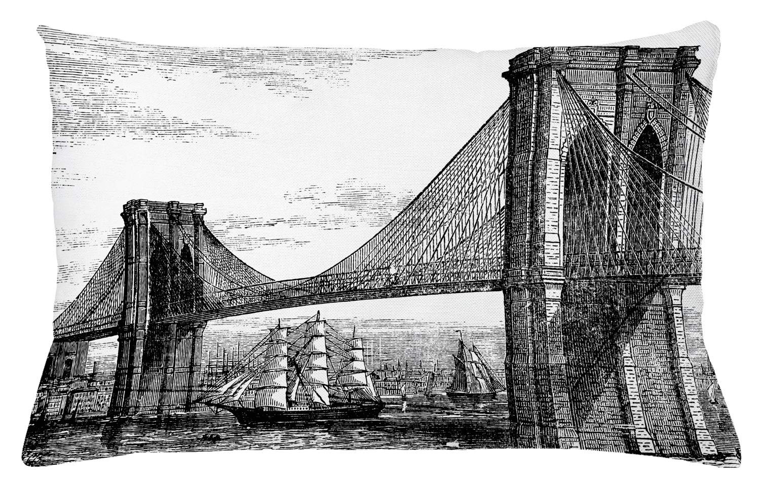 Lunarable New York Throw Pillow Cover - Vintage 1890s Pencil Sketch Brooklyn Bridge & East River Design - Decorative Black & White Rectangle Cushion Case 26x16 Inches - Perfect for Sofa, Bedroom & Home Decor