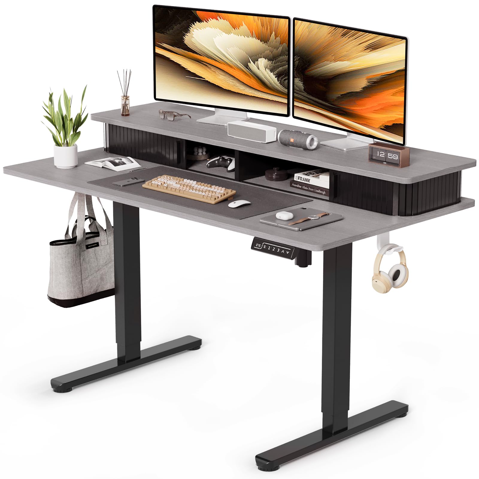JOY Worker 48 Inch Electric Height Adjustable Standing Desk with Storage Shelves & Built-in Monitor Stand - Sit Stand Desk with 2 Hooks for Home Office (Grey Desktop & Black Frame) - Perfect for Remote Work, Gaming Setup & Ergonomic Workspace