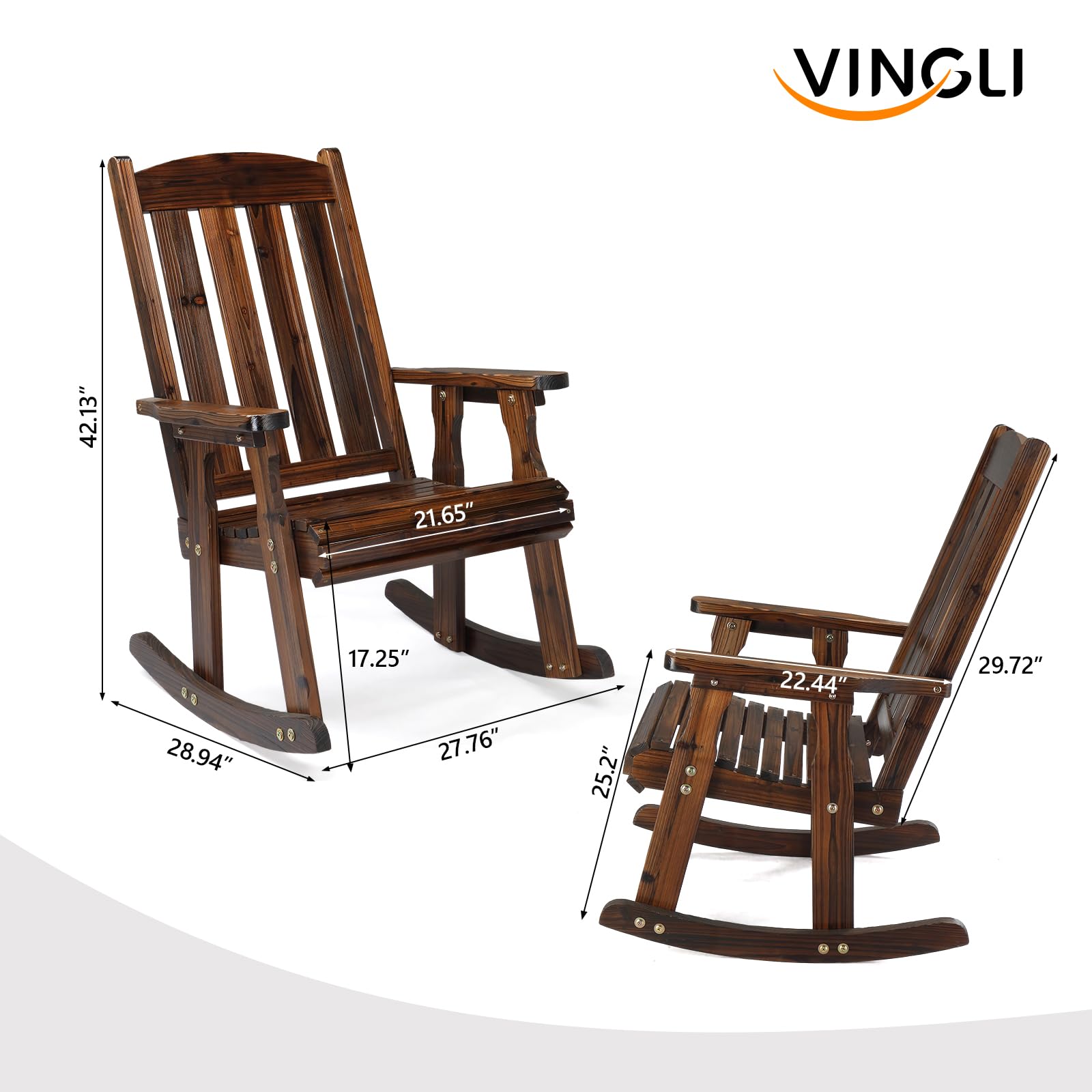 VINGLI Heavy Duty 600LB Outdoor Rocking Chair - Solid Fir Wood Patio Rocker with Ergonomic Backrest, Weatherproof & Comfortable for Garden, Porch, Backyard - Perfect for Relaxing, Reading & Enjoying Nature