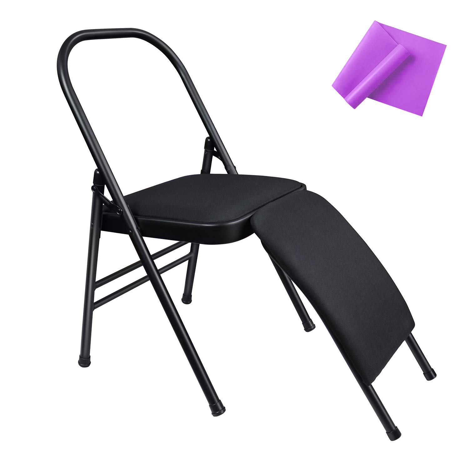 INNOLIFE Foldable Yoga Chair with Lumbar Support - Balance Training Stool with Purple Resistance Band for Home & Studio Yoga Practice