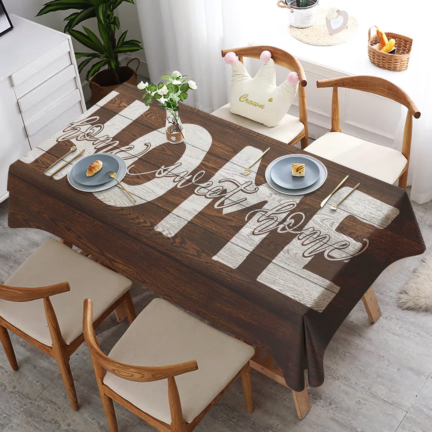 Orlco Art Home Sweet Home Brown Wood Background Tablecloth - Elegant Rectangular Thick Washable Kitchen Table Cover 60x90 Inches - Perfect for Rustic Dining Rooms, Farmhouse Kitchens & Holiday Gatherings