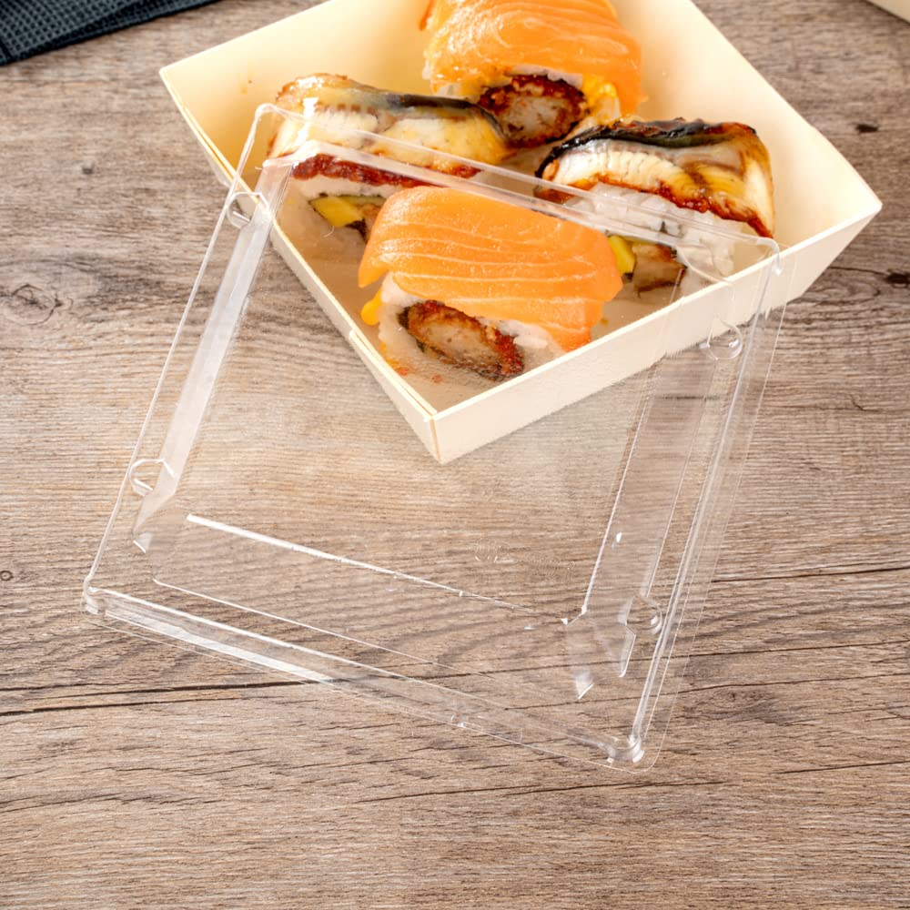 Restaurantware 100 Pack Clear Plastic Lids 5.3 x 5.3 x 1 Inch - Square Transparent To-Go Container Lids for 14 oz Flare Wooden Food Boxes (Containers Sold Separately) | Perfect for Takeout, Meal Prep & Catering