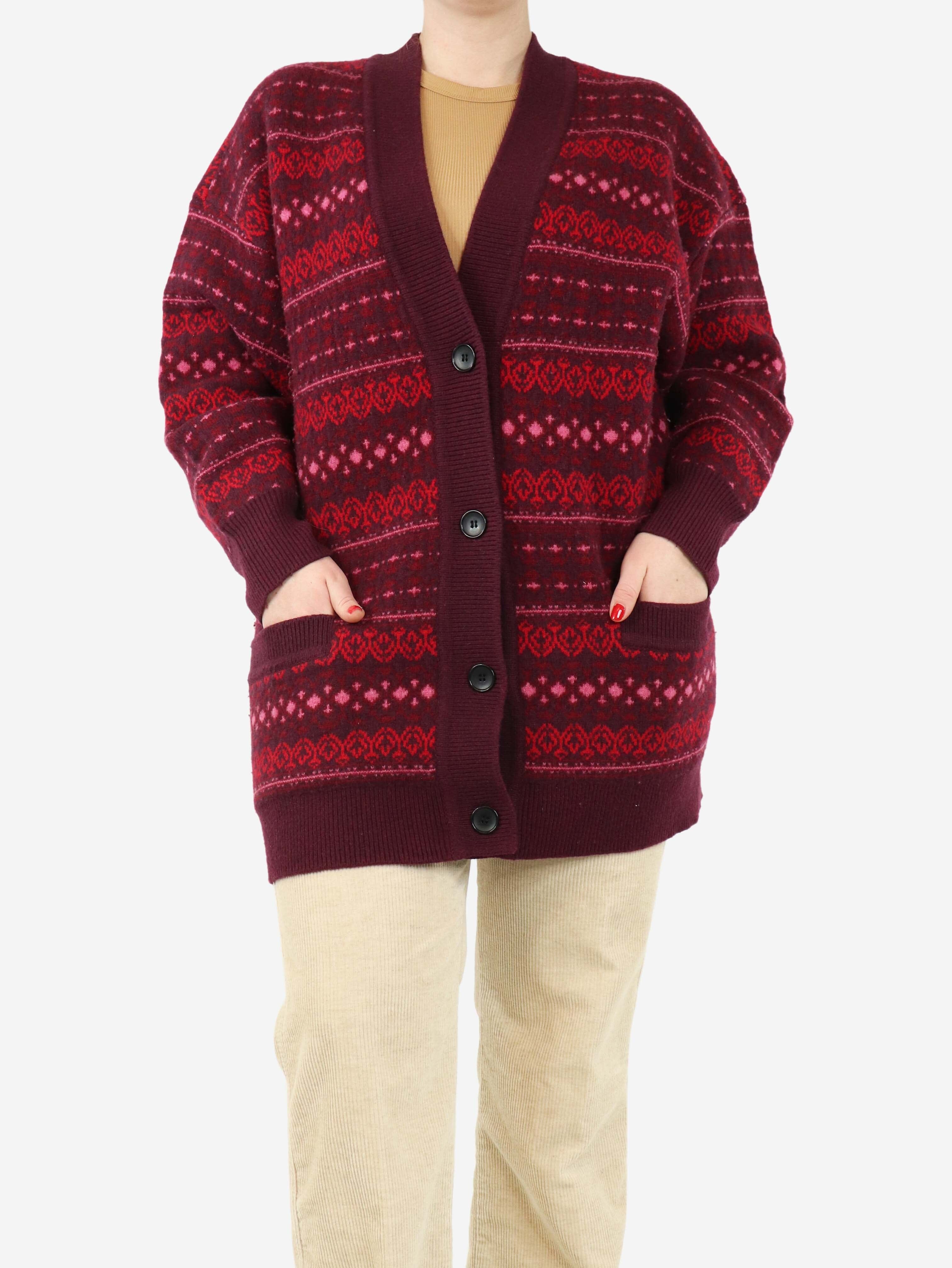 Burgundy Fair Isle Wool Cardigan for Women - UK Size 12 | Warm Winter Knit Sweater for Holiday Parties & Casual Outfits