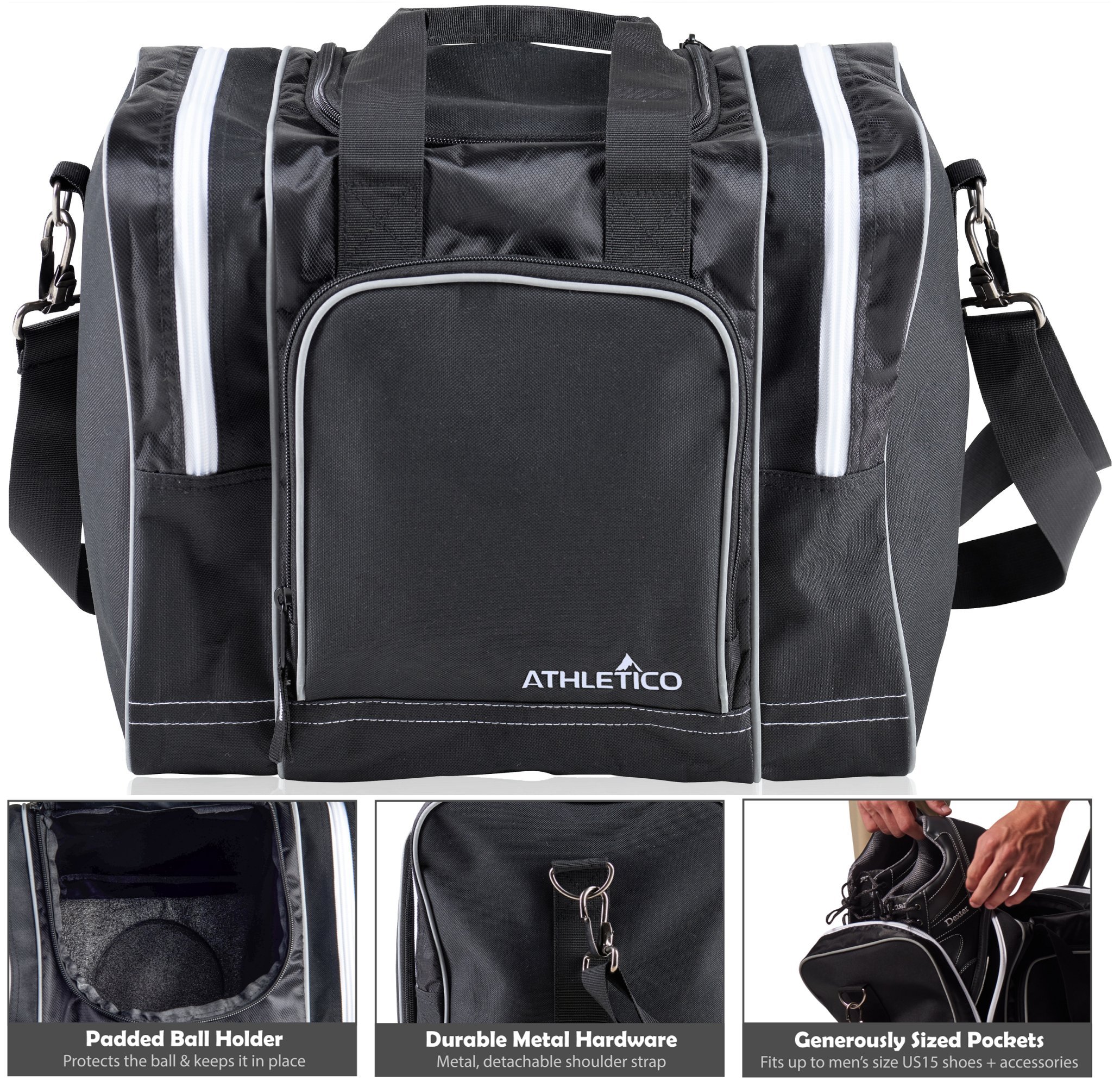 **Athletico Single Bowling Ball Tote Bag with Padded Holder - Fits Men's Size 14 Shoes & Accessories - Perfect for League Play, Practice & Tournaments**