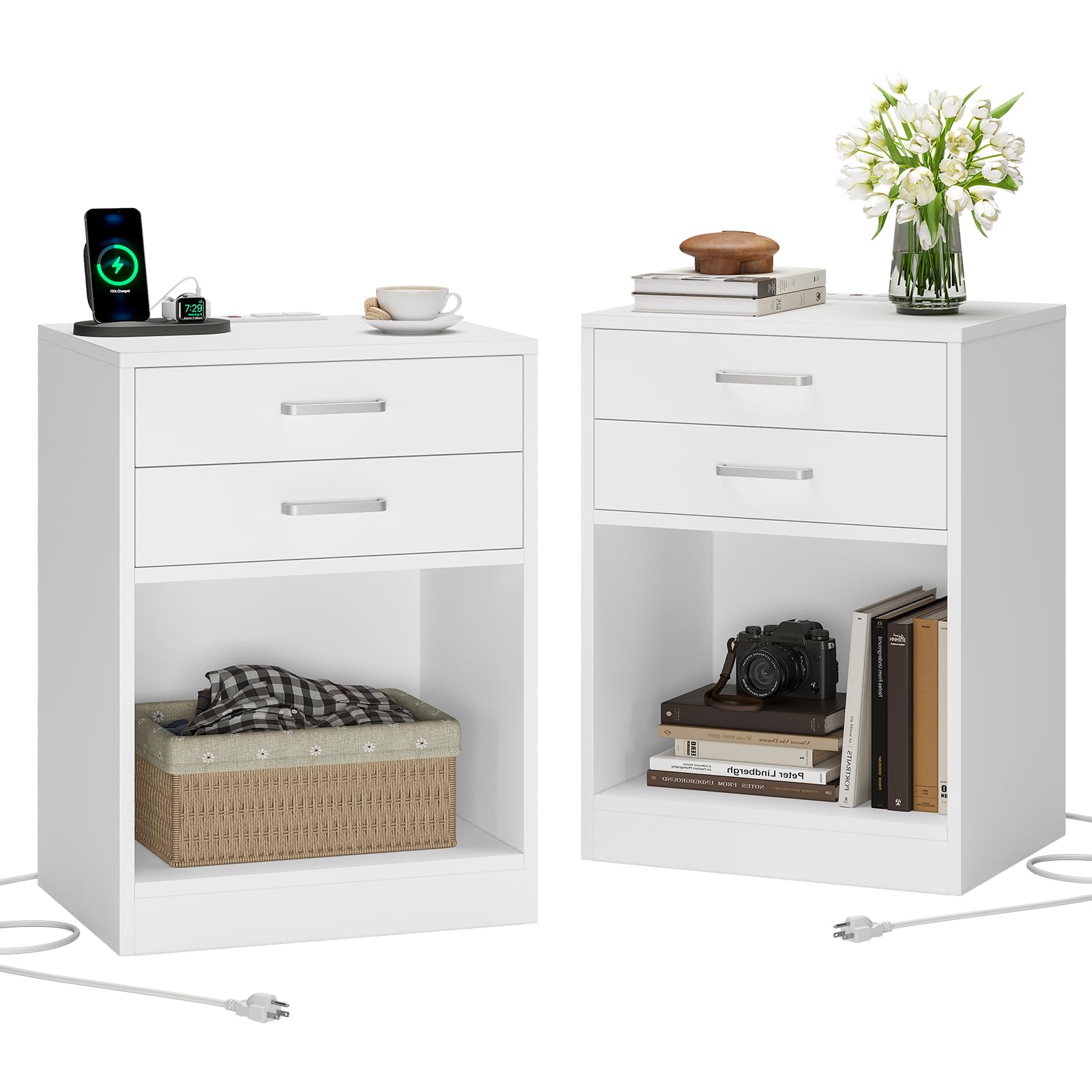 ADORNEVE Set of 2 White Nightstands with USB Charging Station & Storage Drawers - Modern Bedside Tables for Bedroom, Living Room, Guest Room (Perfect for Phones, Books, and Bedroom Essentials)