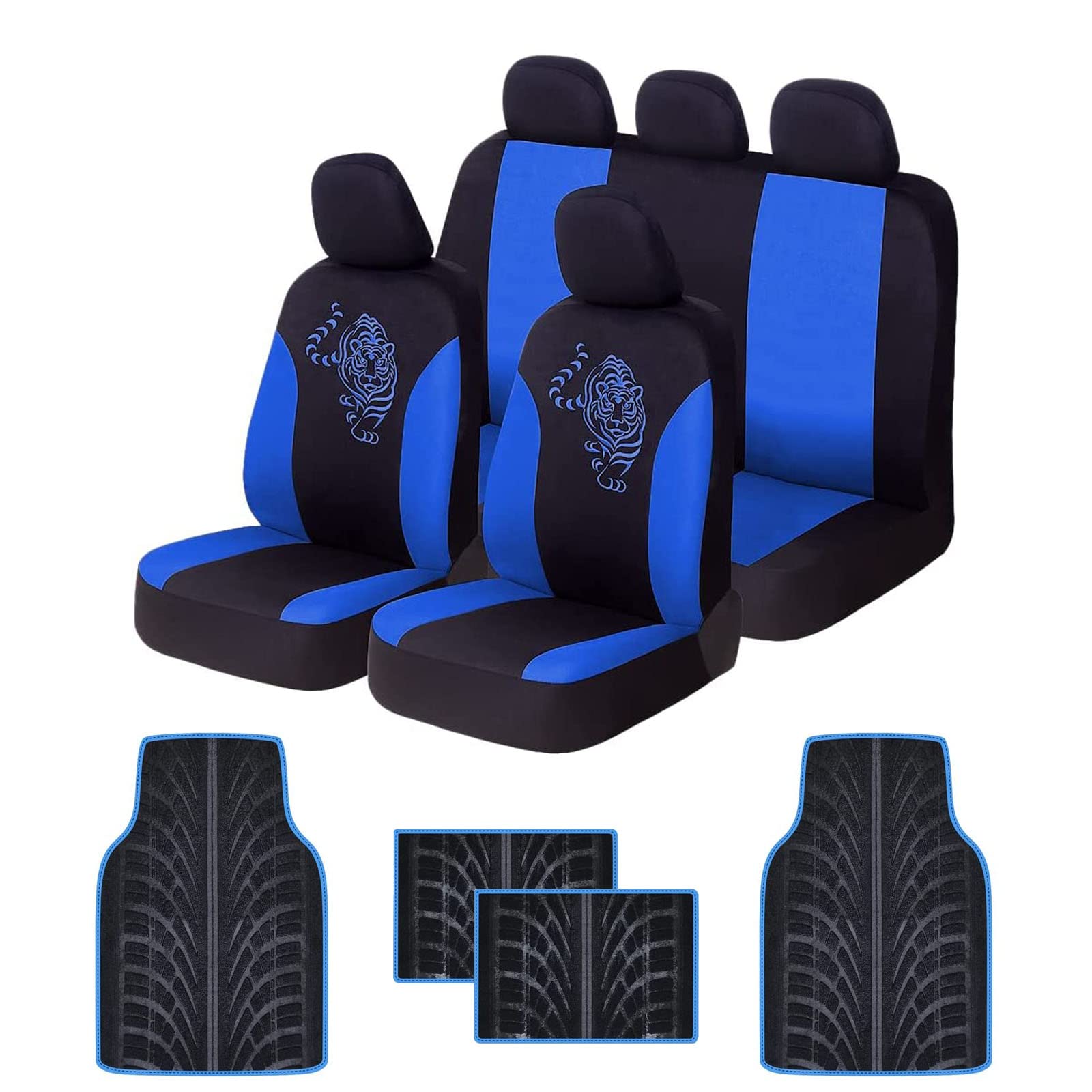 AUTOYOUTH Tiger Pattern Car Seat Covers Full Set with Car Floor Mats - Tire Tread Design Blue | Universal Fit for Cars, SUVs & Trucks | Durable & Stylish Interior Upgrade for Protection & Comfort