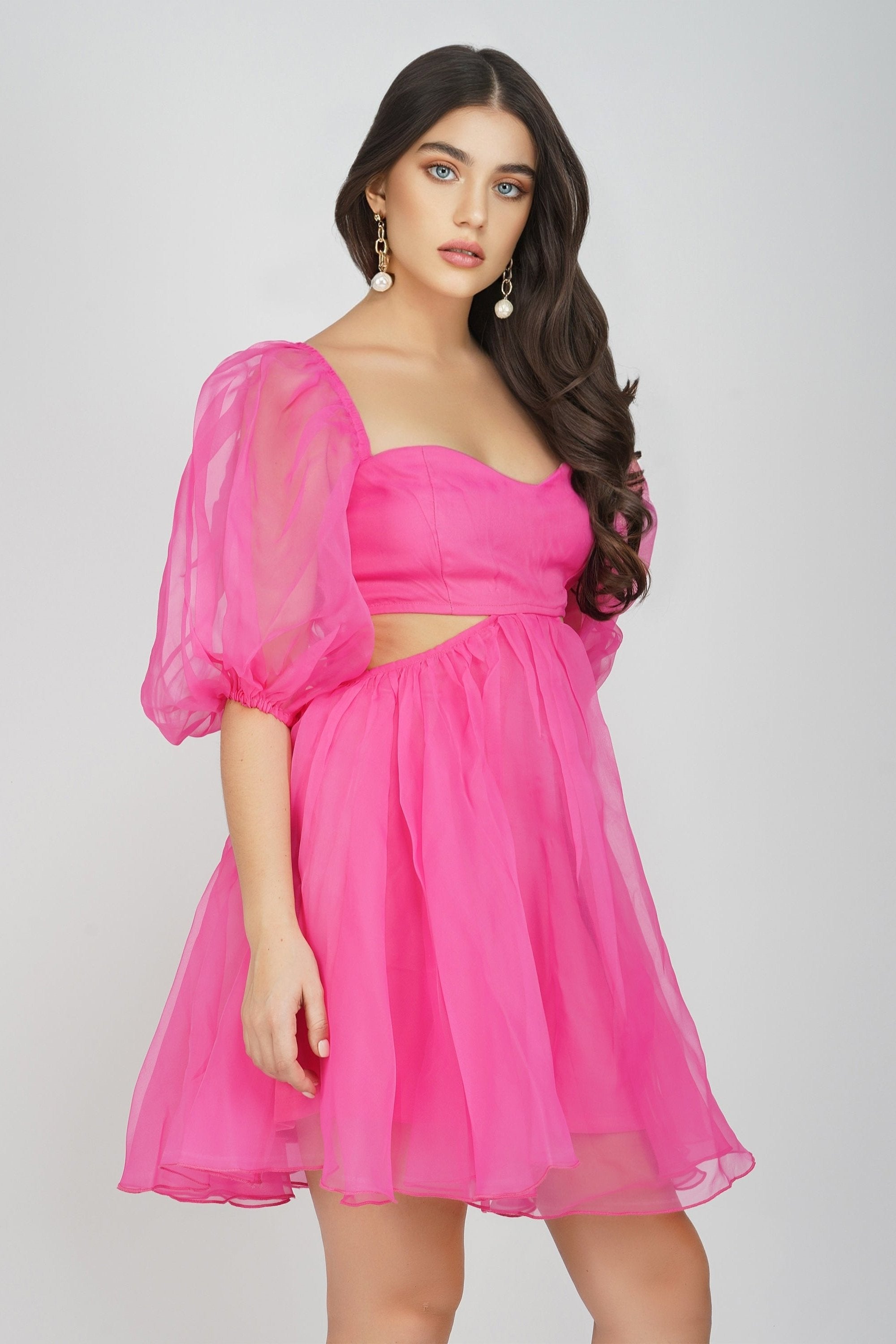Katja Women's Bright Pink Puff Sleeve Dress - Elegant Party & Cocktail Attire for Weddings, Date Nights & Special Occasions
