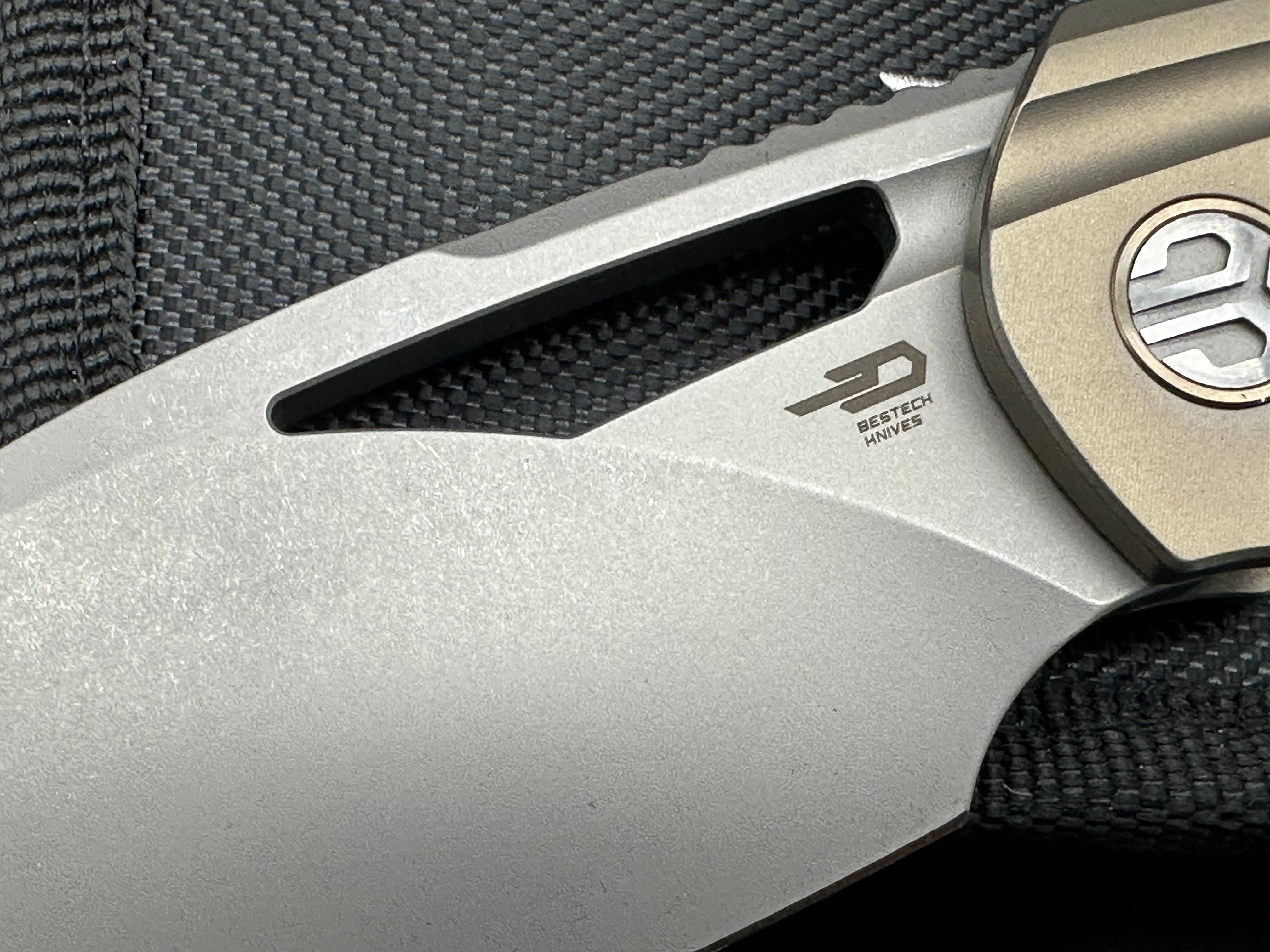 Bestech + Kombou Fairchild Folding Knife - Gold Bronze Milled Titanium Handle, Drop Point Blade, Bead Blast S35VN Steel - EDC, Outdoor, Camping, Survival Gear
