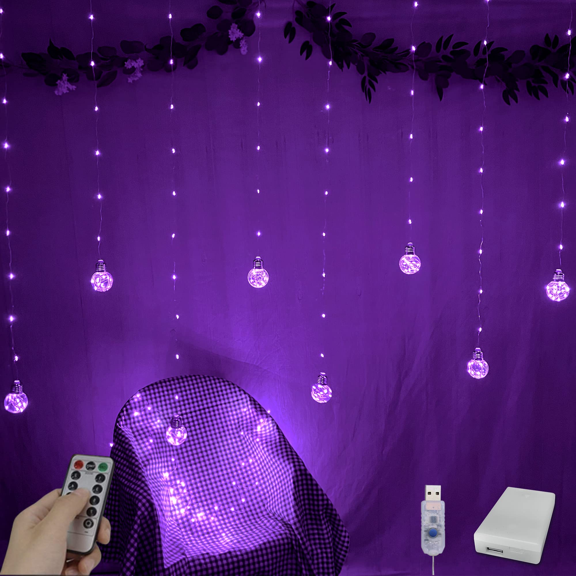 YOLIGHT 200 LED Wishing Ball Curtain Lights with Remote - USB Battery Powered Twinkle Globe Fairy Lights for Wedding, Party, Bedroom, Halloween & Christmas Decorations (Purple) | Indoor & Outdoor Decorative Lighting for Home, Garden, and Special Events
