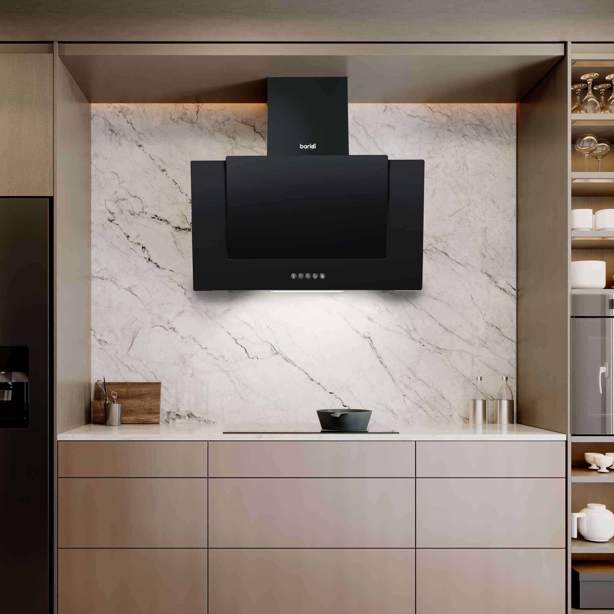 Baridi 4-Zone Ceramic Induction Cooktop with 5-Function Fan Assisted Oven & Angled Cooker Hood Bundle DH186 - Perfect for Modern Kitchens & Home Cooking Enthusiasts