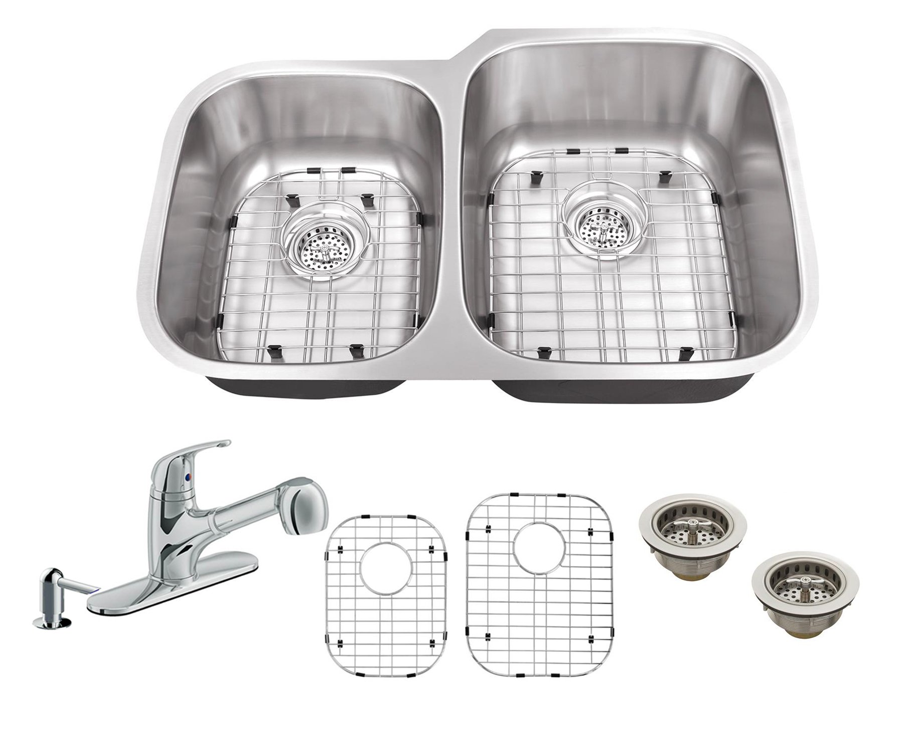 Stainless Steel 18-Gauge 40/60 Double Bowl Undermount Kitchen Sink with Pull-Out Faucet & Soap Dispenser - 31.5