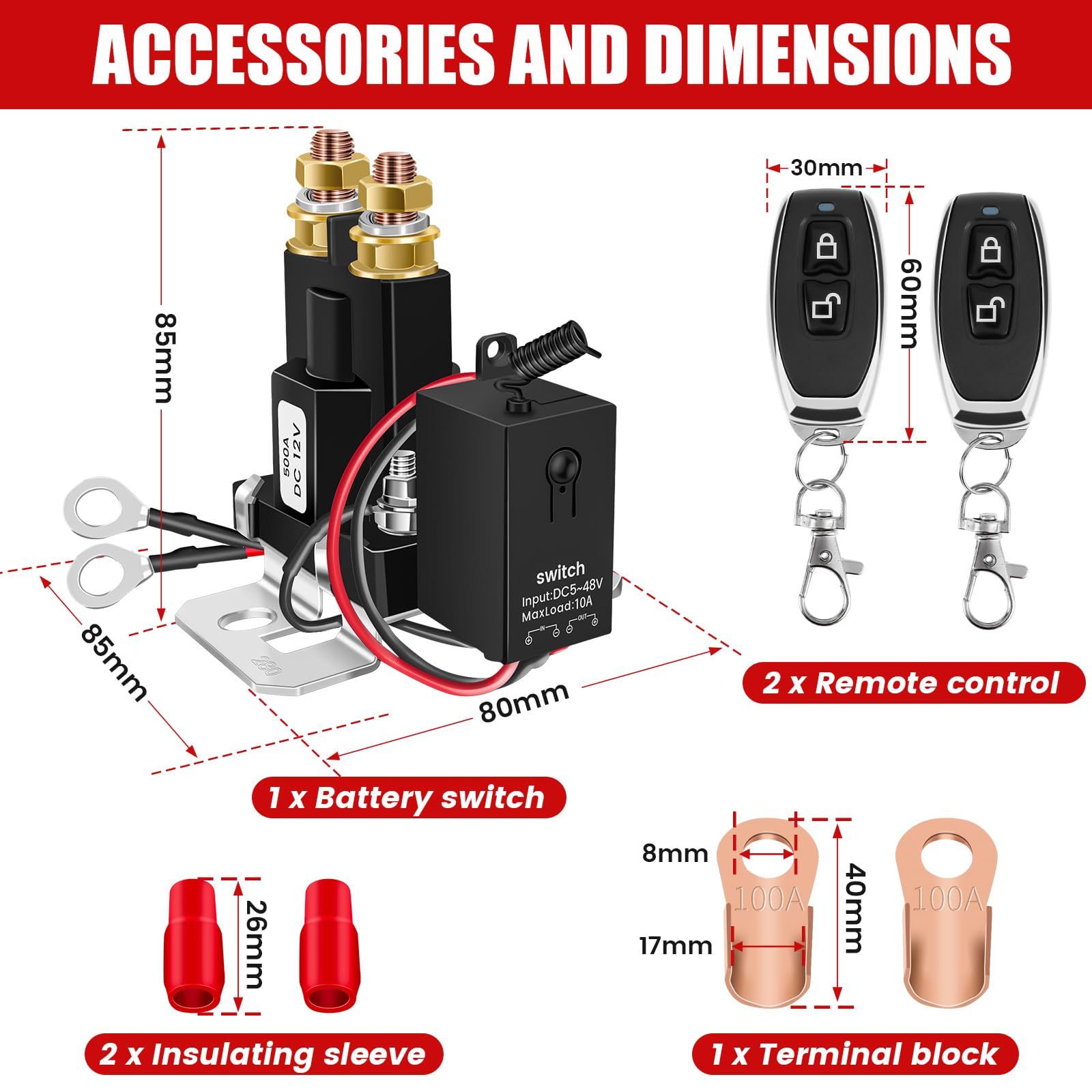 12V 500A Battery Disconnect Switch with 2 Remotes - Heavy Duty Kill Switch for Car, RV, Truck Anti-Theft Protection | Perfect for Marine, Off-Road Vehicles & Power Cut Off Safety