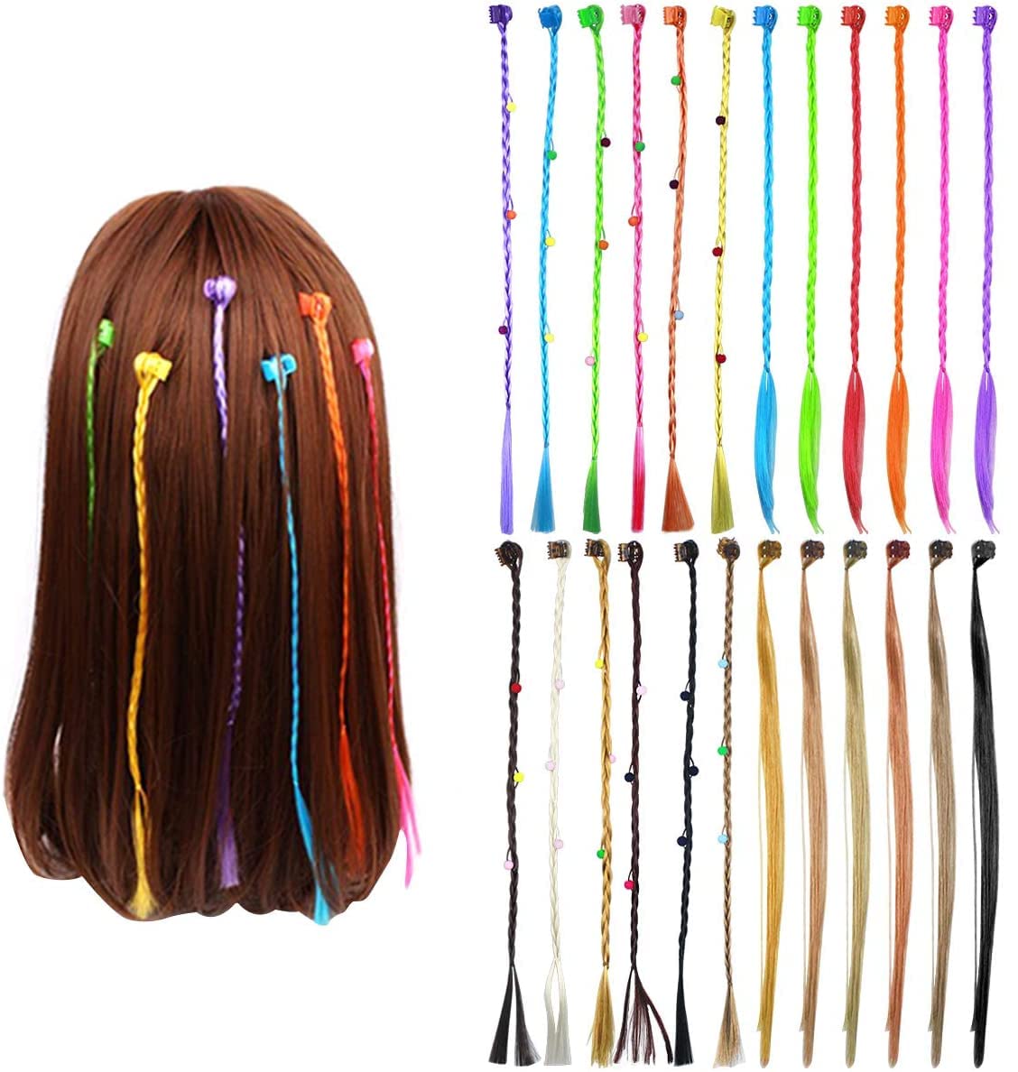 Colorful Kids Hair Clips & Braids - 12PC Hair Extensions for Girls, Party & School Styles