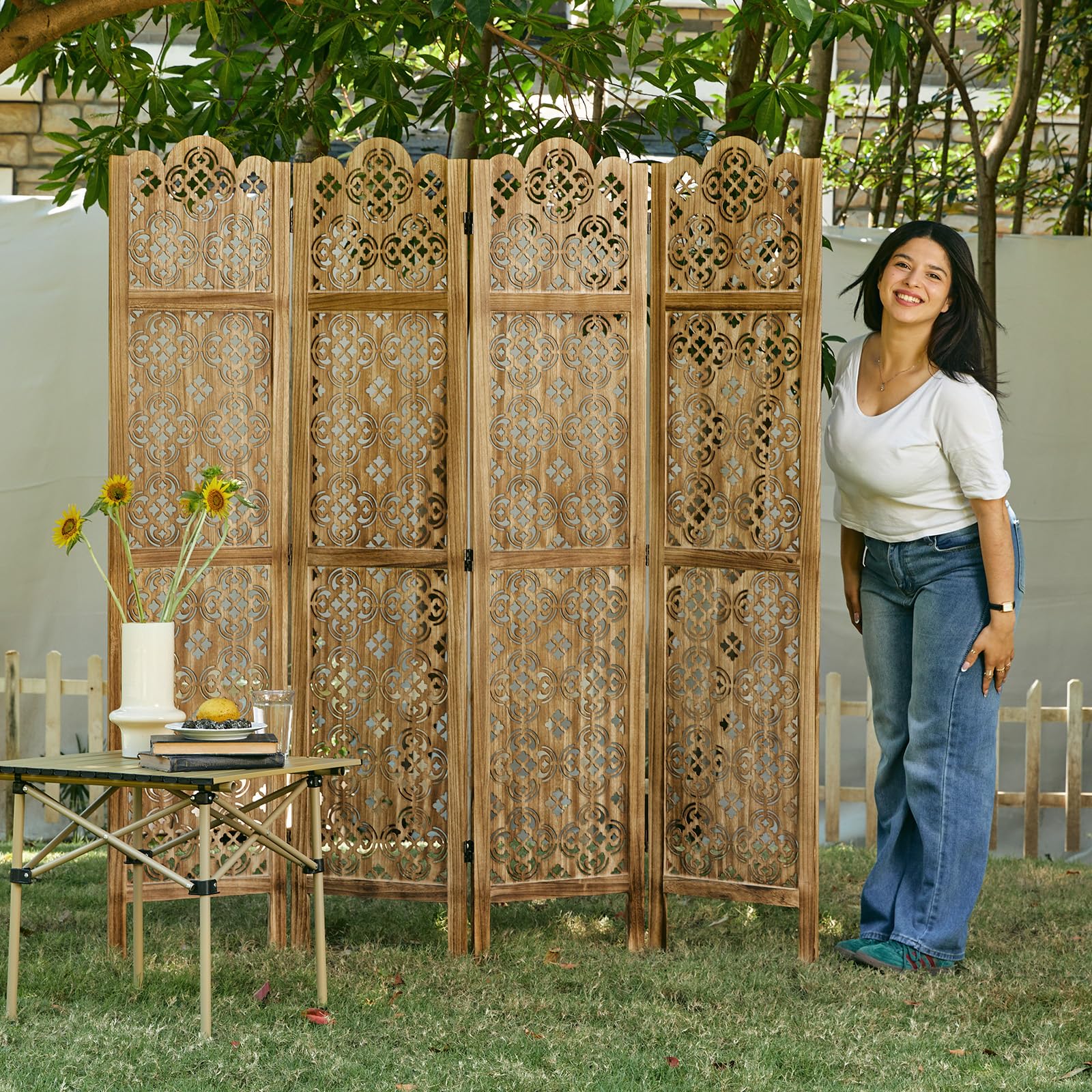 5.75Ft Wood Carved Room Divider - 4 Panel Folding Partition Screen for Home, Office, Garden & Terrace | Portable Indoor Privacy Screen in Antique Brown | Perfect for Space Separation, Decoration & Room Dividers