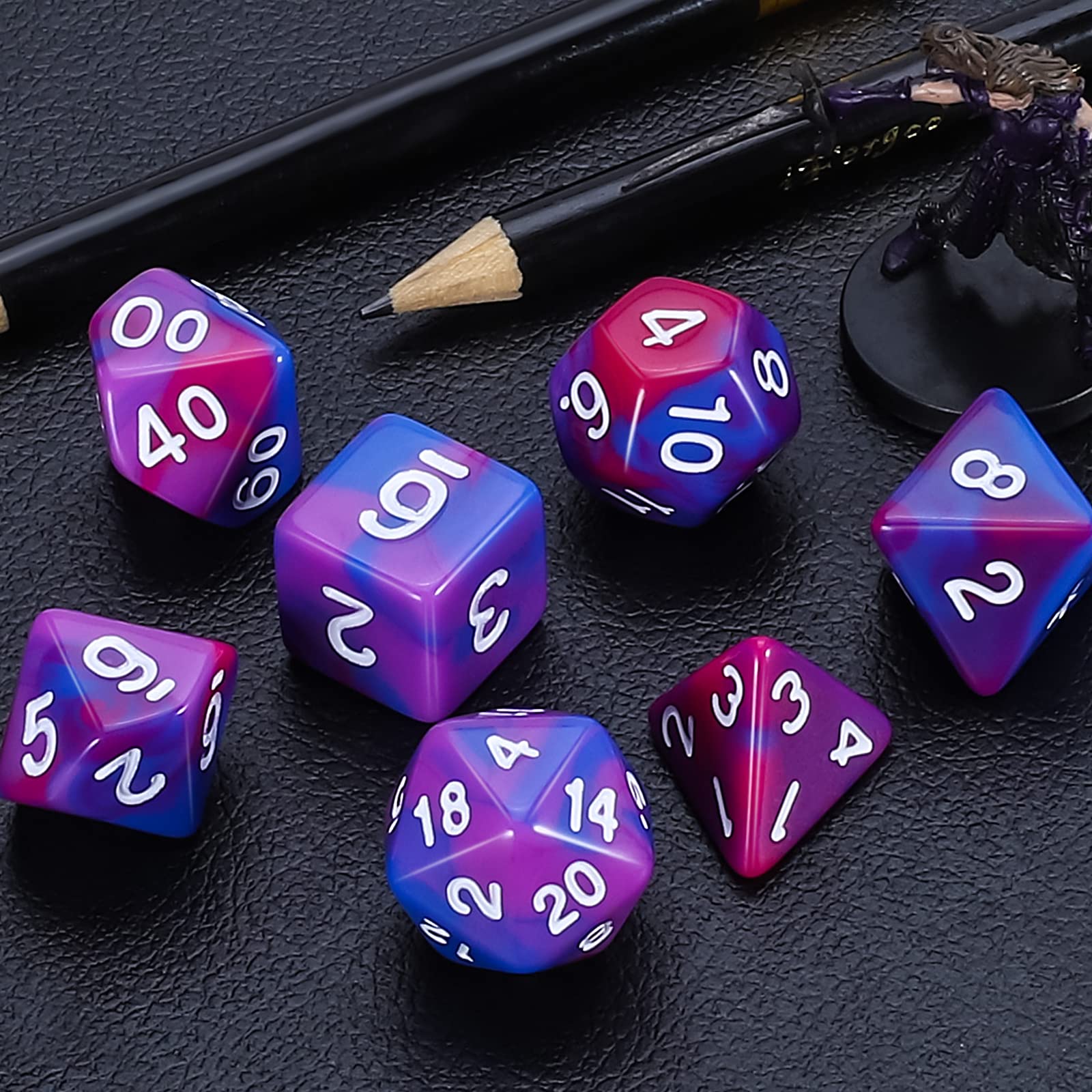 CiaraQ 7-Piece DND Polyhedral Dice Set for Dungeons & Dragons RPG, MTG, Pathfinder - Blue Purple Red Dice with Pouch | Tabletop Gaming, Role Playing Games, Board Game Nights