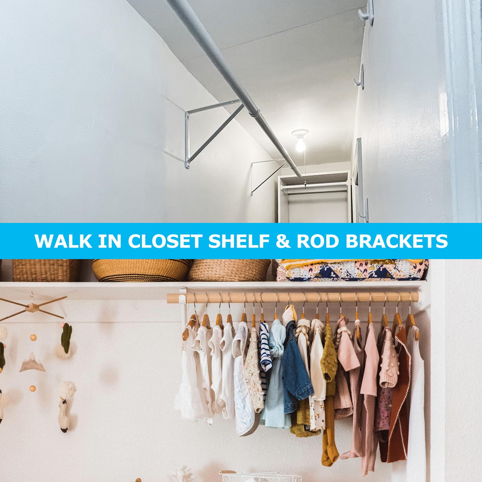 4 Pack Heavy Duty Closet Shelf & Rod Bracket - 11 x 10.2 x 1 Inch White Wall Mounted Clothes Hanger Support for Round Tubing - Perfect for Bedroom, Closet Organization and Laundry Room Storage