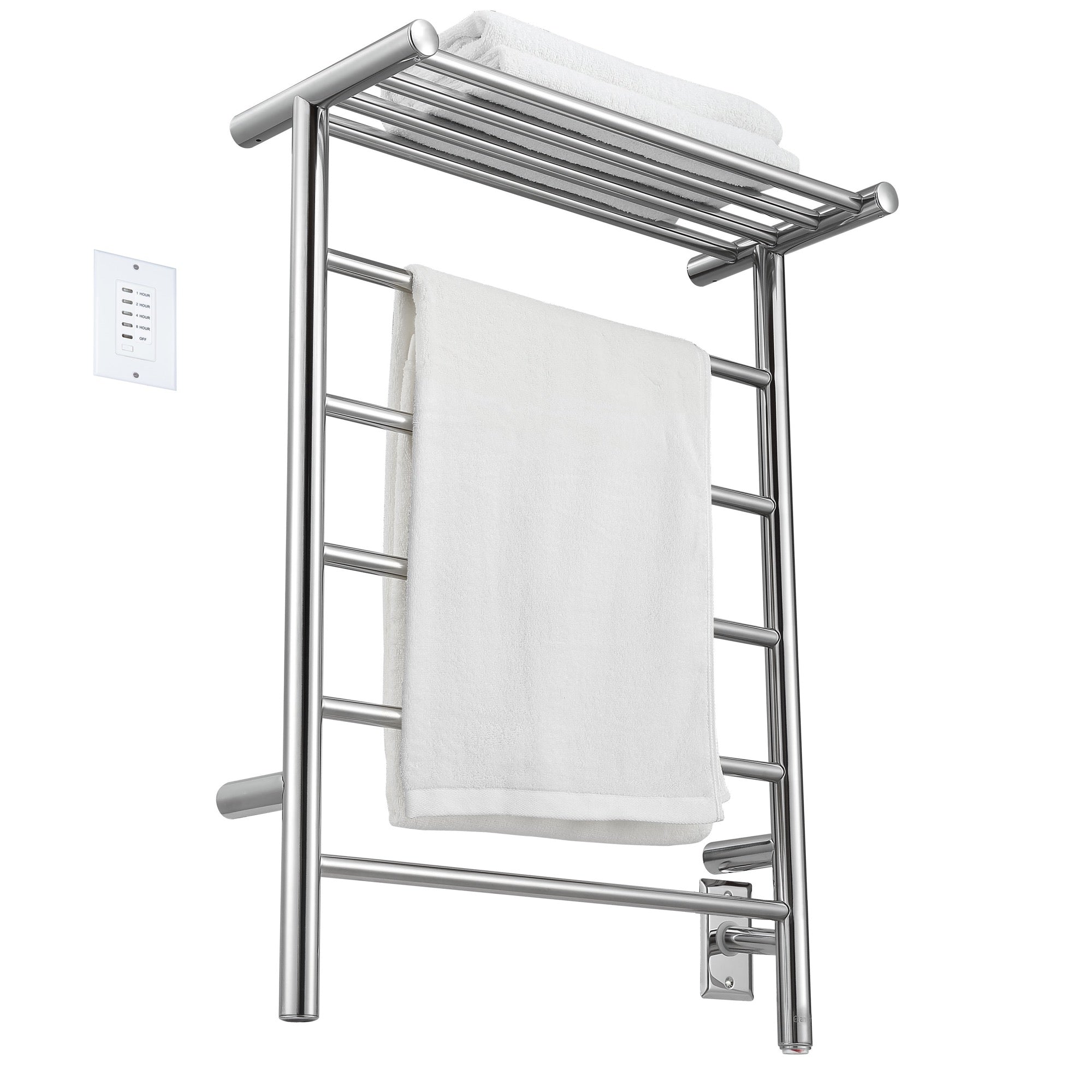 Ancona Miazzo 5 Bar Plug-In & Hardwire Bathroom Towel Warmer with Shelf & Timer - Polished Stainless Steel - Perfect for Spa, Luxury Home & Hotel Bathrooms