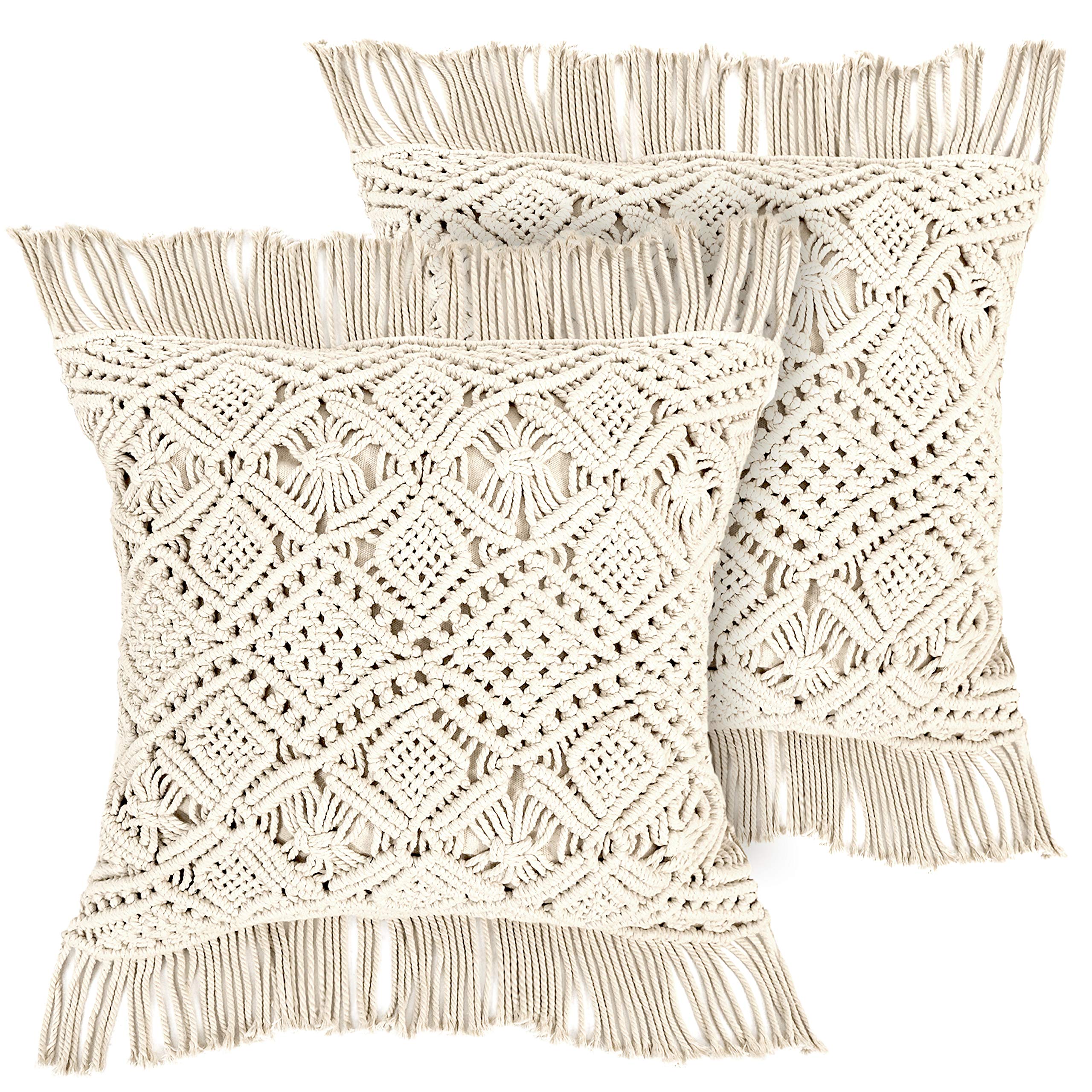 LIVALAYA Macrame Pillow Covers Set of 2 - Ivory Bohemian Throw Pillow Covers with Tassels, 18x18 Inch Farmhouse Woven Decorative Pillow Cases for Couch, Bed, Sofa - Perfect for Boho Home Decor & Living Room Accents