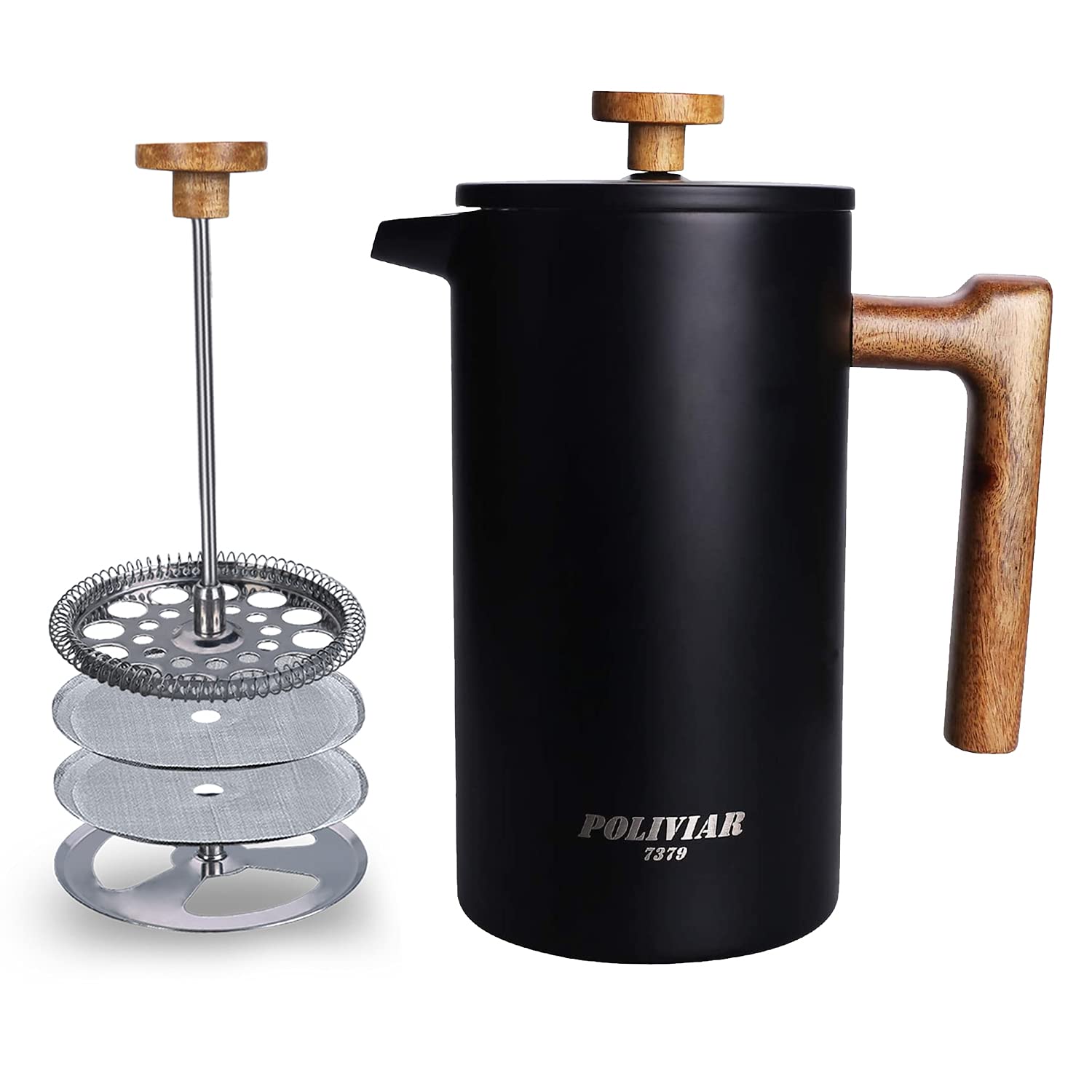 POLIVIAR French Press Coffee Maker - 34oz Stainless Steel Coffee & Tea Press with Teak Wood Handle, Double Wall Insulation & Dual Filter Screen - Perfect for Home, Office & Camping Brewing