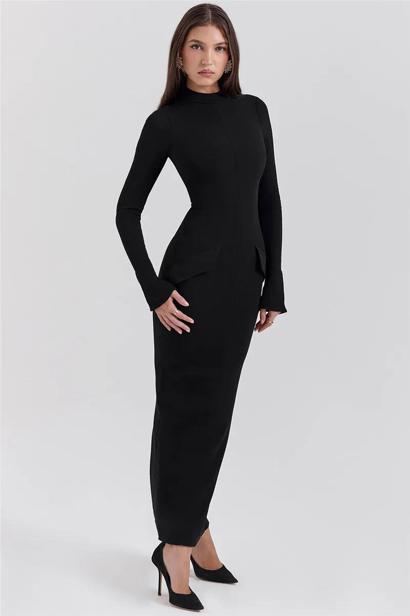 Elegant Black Long Sleeve Bodycon Maxi Dress for Women - O Neck with Two Pockets & Back Split - Perfect for Fall Winter Fashion, Date Nights, and Evening Parties