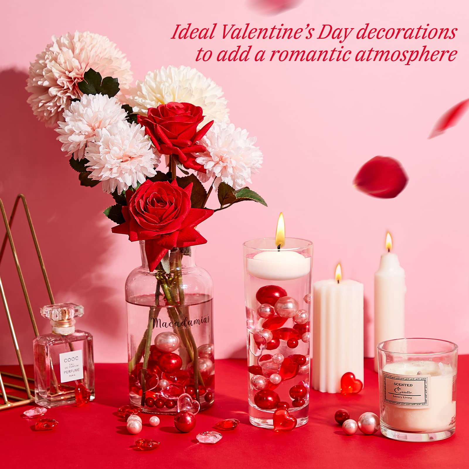 MTLEE 2116 Red Love Pearls Vase Fillers with 10 Floating Candles - Romantic Table Decor for Dating & Home