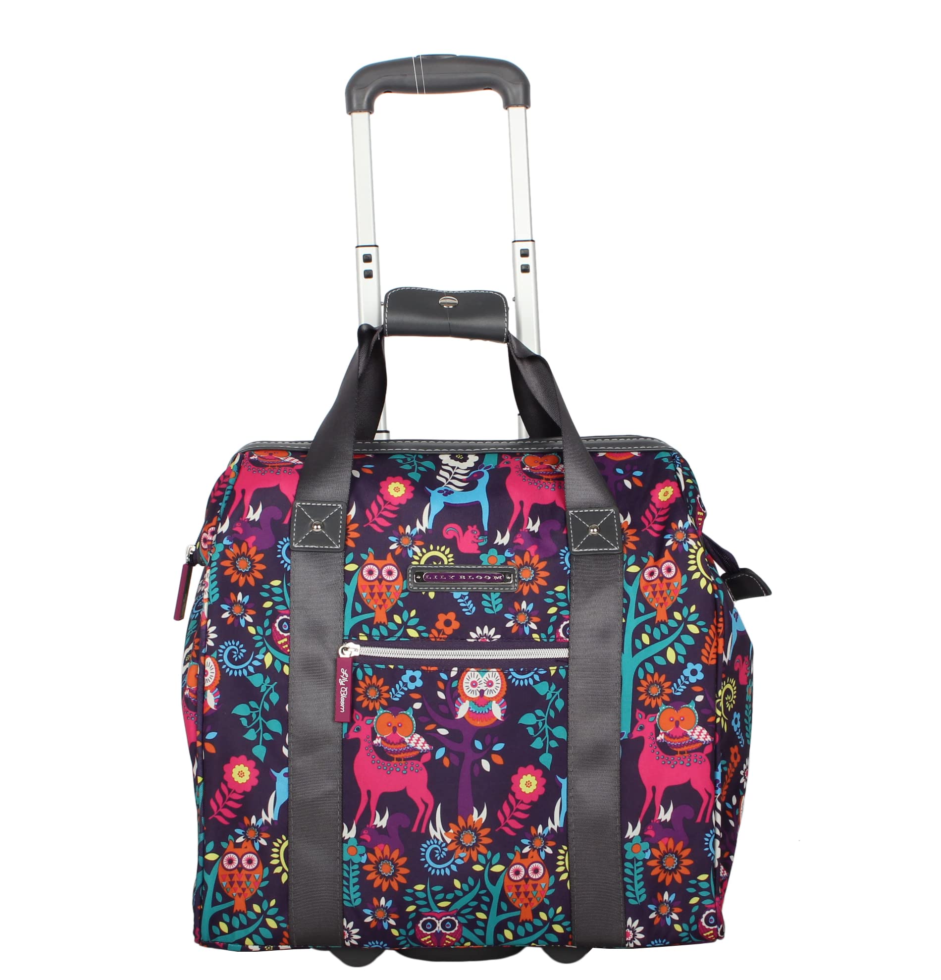 Lily Bloom Designer Under the Seat Tote - 15 Inch Patterned Carry-On Luggage for Women - Lightweight Rolling Cabin Bag with 2 Wheels (Wildwoods) - Perfect for Air Travel, Weekend Getaways & Business Trips
